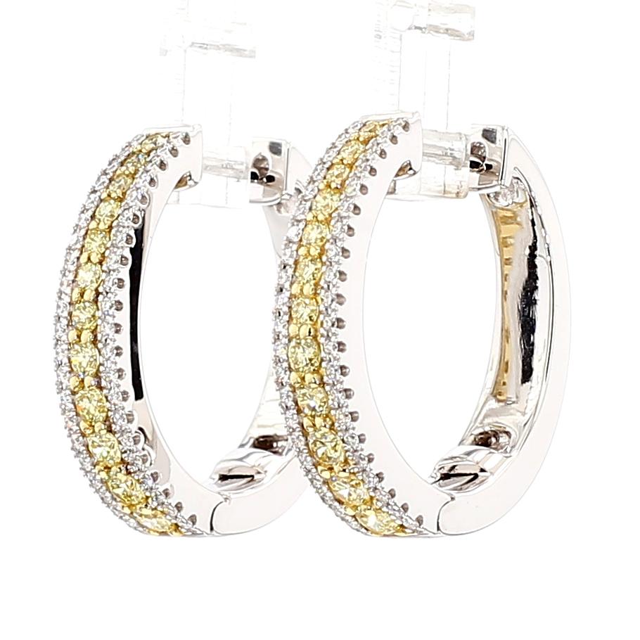 RareGemWorld's schöne Diamant-Ohrringe. Montiert in einer schönen Fassung aus 18K Gelb- und Weißgold mit natürlichen gelben Diamanten im Rundschliff, ergänzt durch runde weiße Diamanten im Nahkampf. Diese Ohrringe werden Sie garantiert beeindrucken