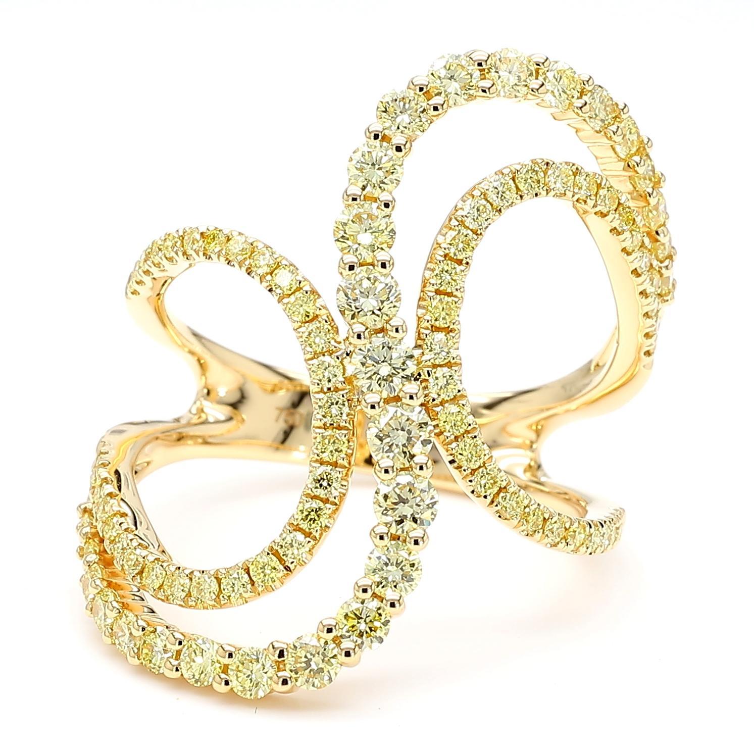 Anillo de cóctel de oro con diamante redondo amarillo natural de 1.14 quilates TW en venta 1