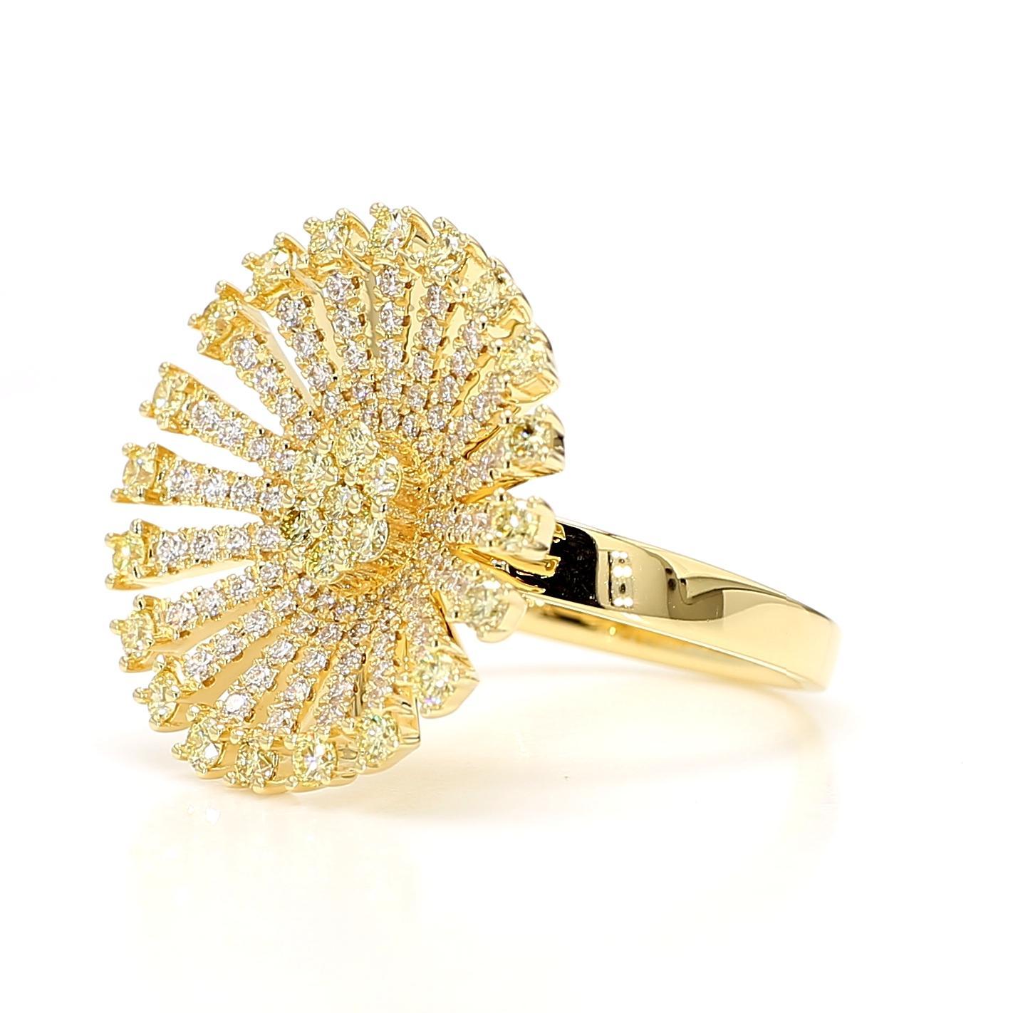 RareGemWorld's beautiful diamond cocktail ring. Mounted in a beautiful 18K Yellow Gold setting with natural round cut yellow diamonds complimented by natural round white diamond melee. This ring is guaranteed to impress and enhance your personal