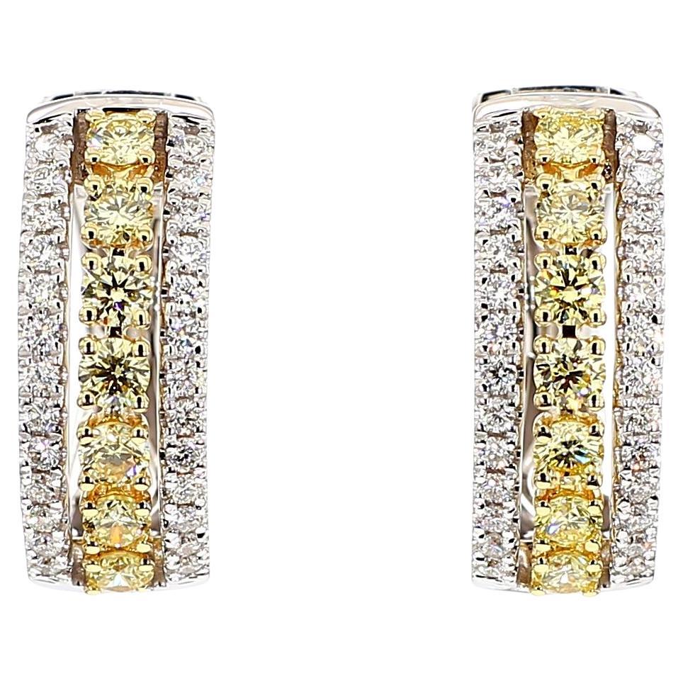 Natural Yellow Round Diamond 1.26 Carat TW Gold Hoop Earrings