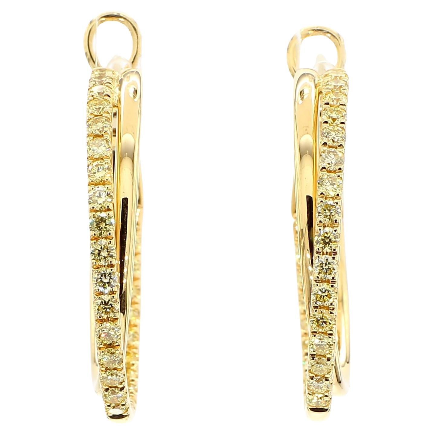 Natural Yellow Round Diamond 1.44 Carat TW Yellow Gold Hoop Earrings