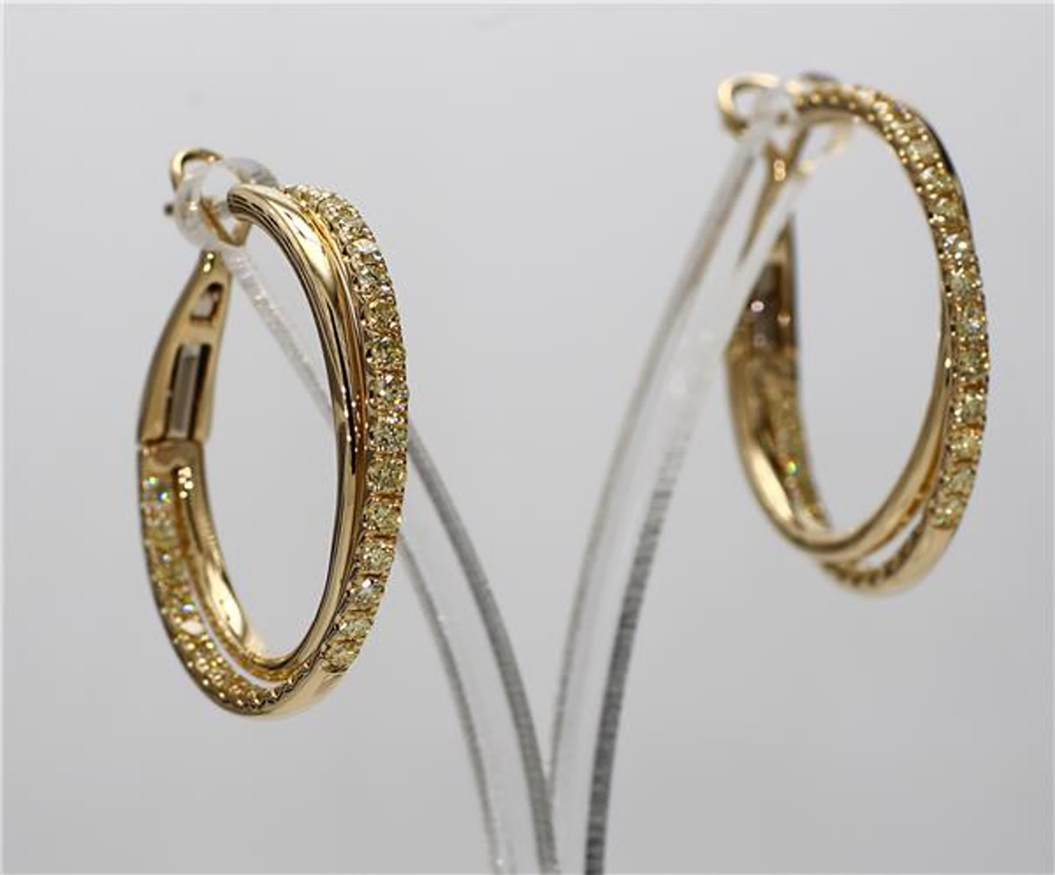 Natural Yellow Round Diamond 1.44 Carat TW Yellow Gold Loop Earrings For Sale 1