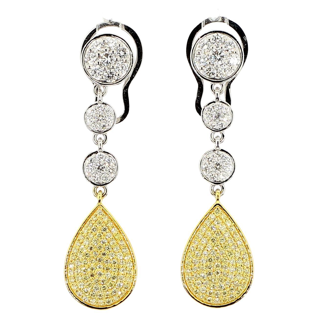 Natural Yellow Round Diamond 1.66 Carat TW Gold Drop Earrings