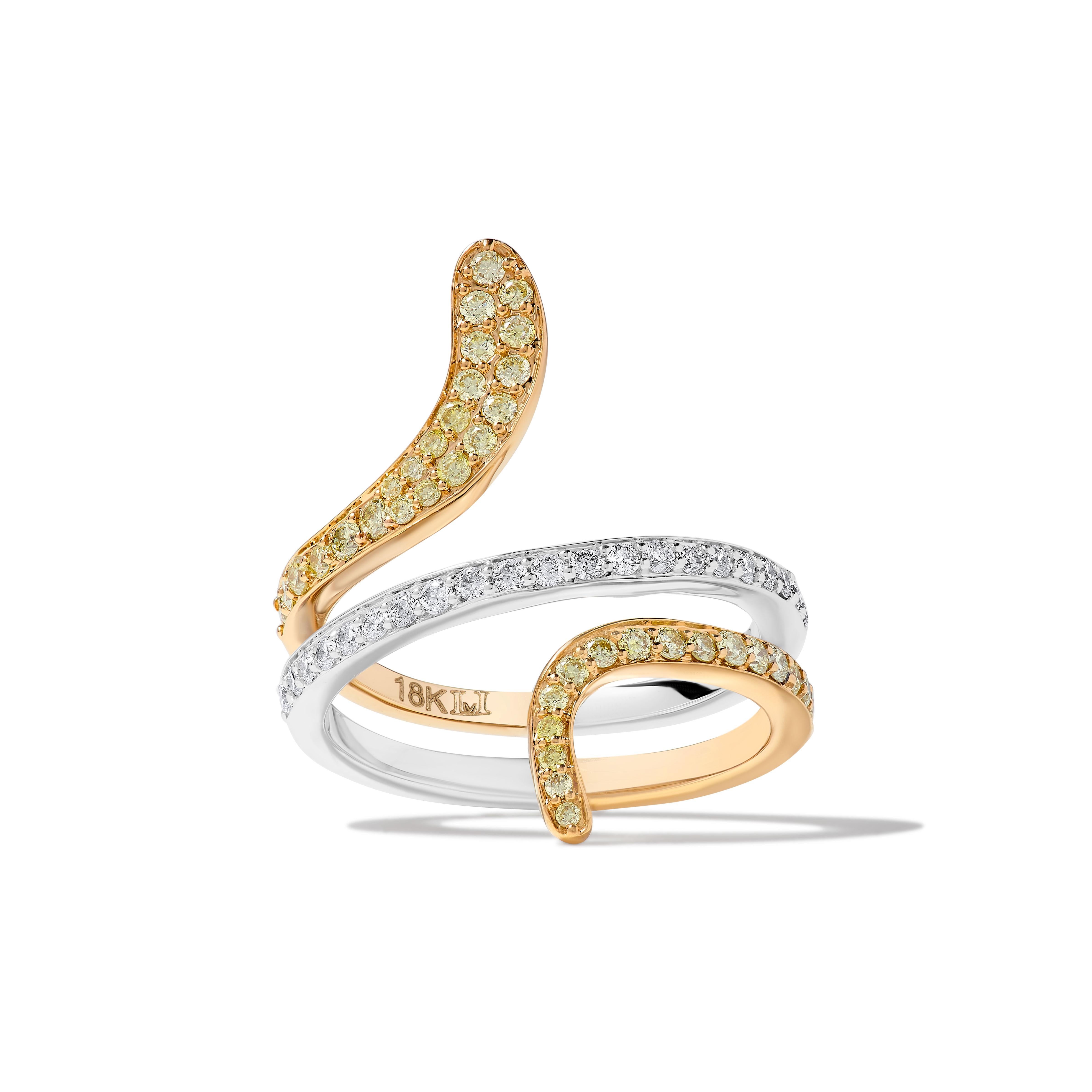 La classica fascia di diamanti di RareGemWorld. Montato in una splendida montatura in oro giallo e bianco 18 carati con diamanti gialli naturali a taglio rotondo, completati da diamanti bianchi naturali a taglio rotondo. Questa banda è garantita per