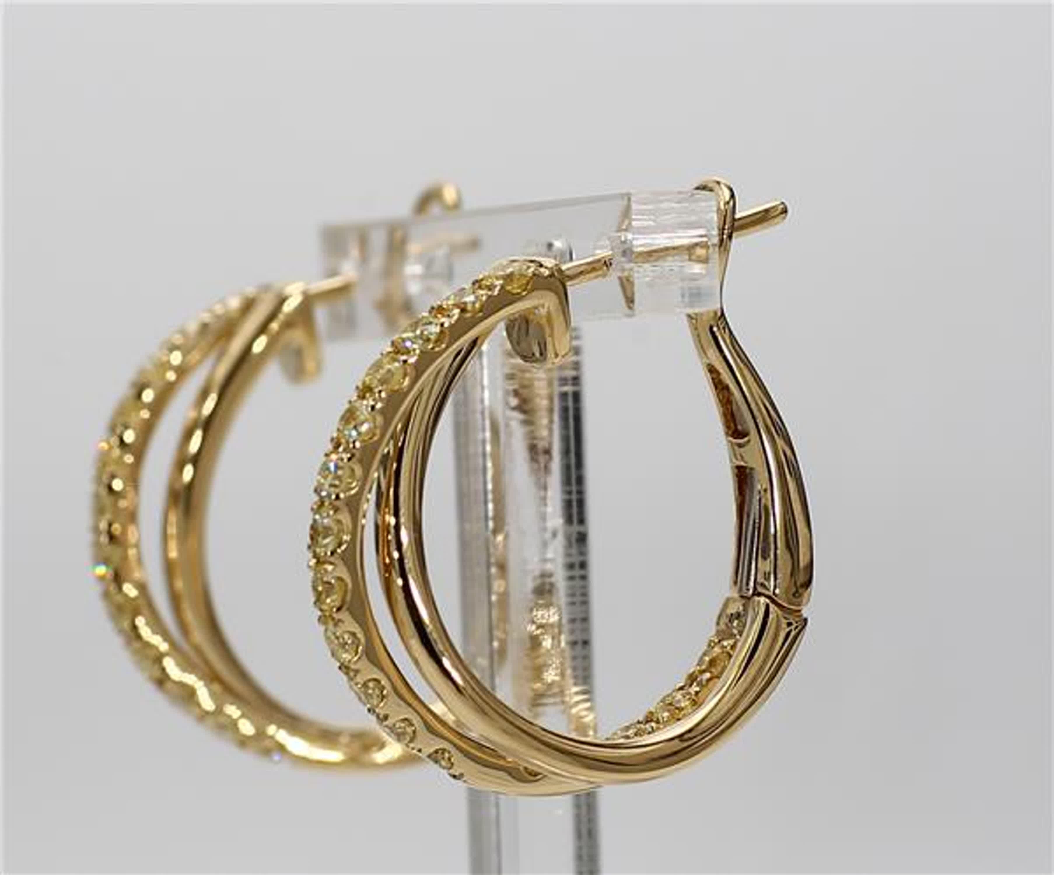 Contemporary Natural Yellow Round Diamond .96 Carat TW Yellow Gold Hoop Earrings For Sale