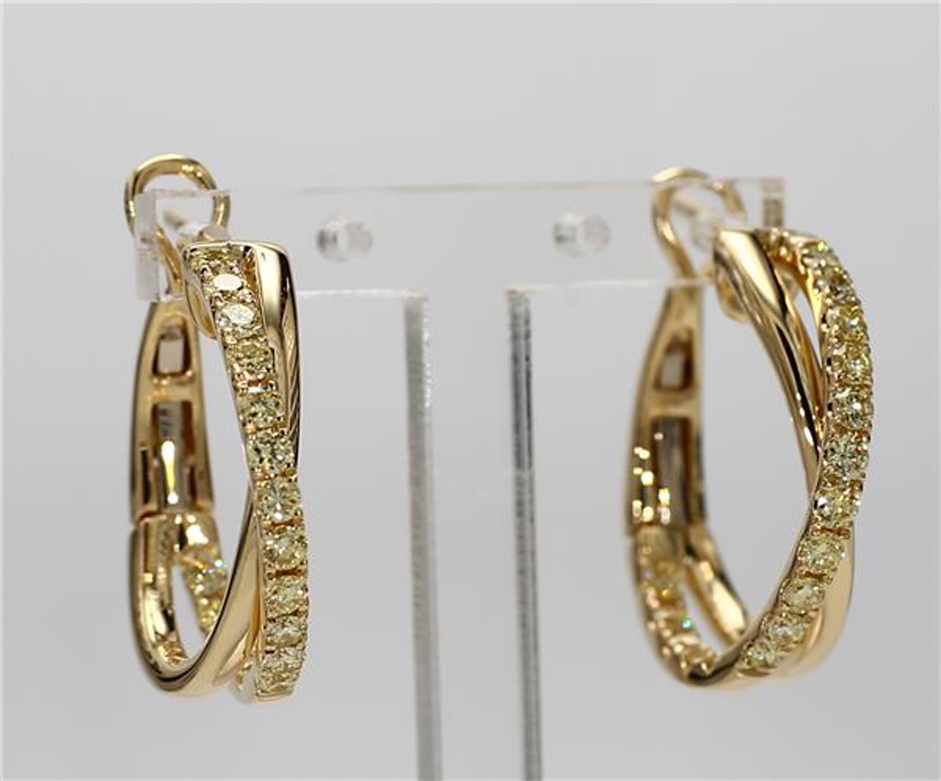 Natural Yellow Round Diamond .96 Carat TW Yellow Gold Hoop Earrings For Sale 1