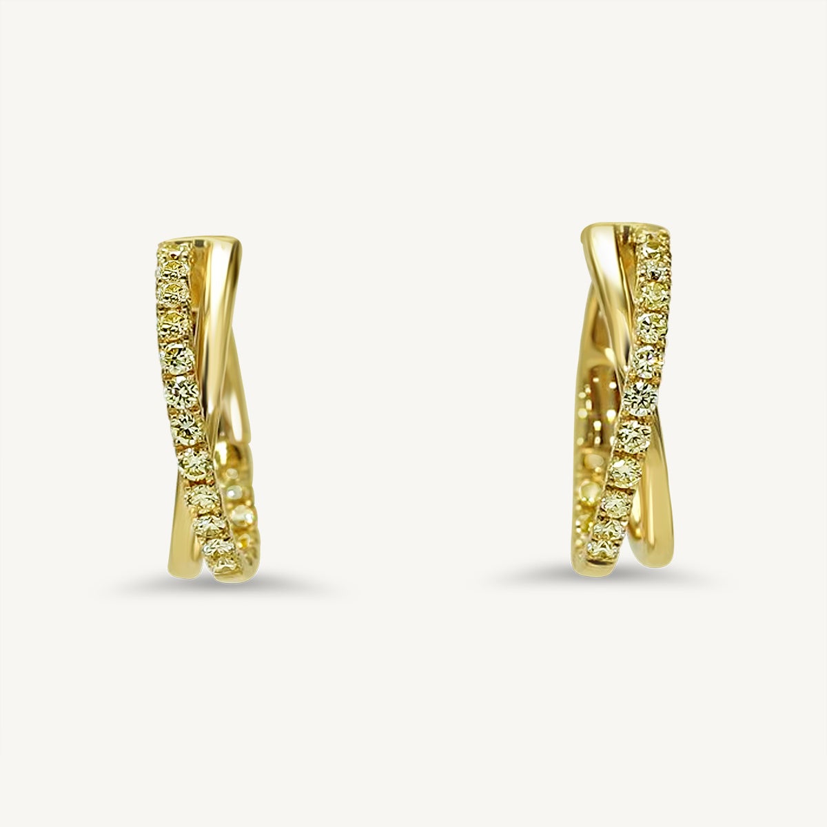 Natural Yellow Round Diamond .96 Carat TW Yellow Gold Hoop Earrings For Sale