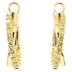 Natural Yellow Round Diamond .96 Carat TW Yellow Gold Hoop Earrings