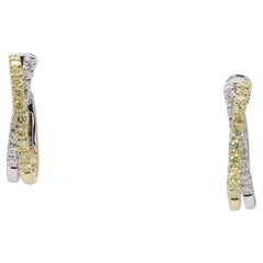 Natural Yellow Rounds and White Diamond 1.71 Carats TW Gold Hoop Earrings
