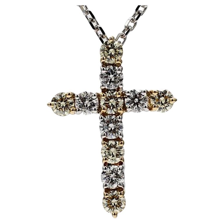 Natural Yellow Round and White Diamond .90 Carat TW Gold Cross Pendant