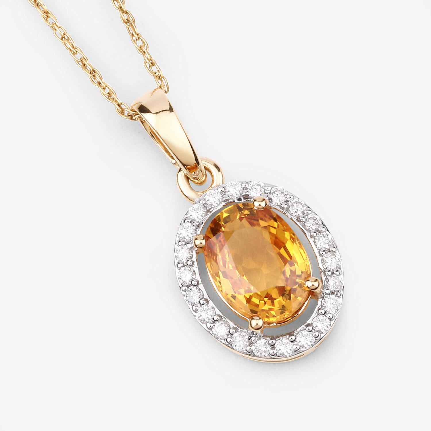 Oval Cut Natural Yellow Sapphire and Diamond Halo Pendant 14k Yellow Gold For Sale
