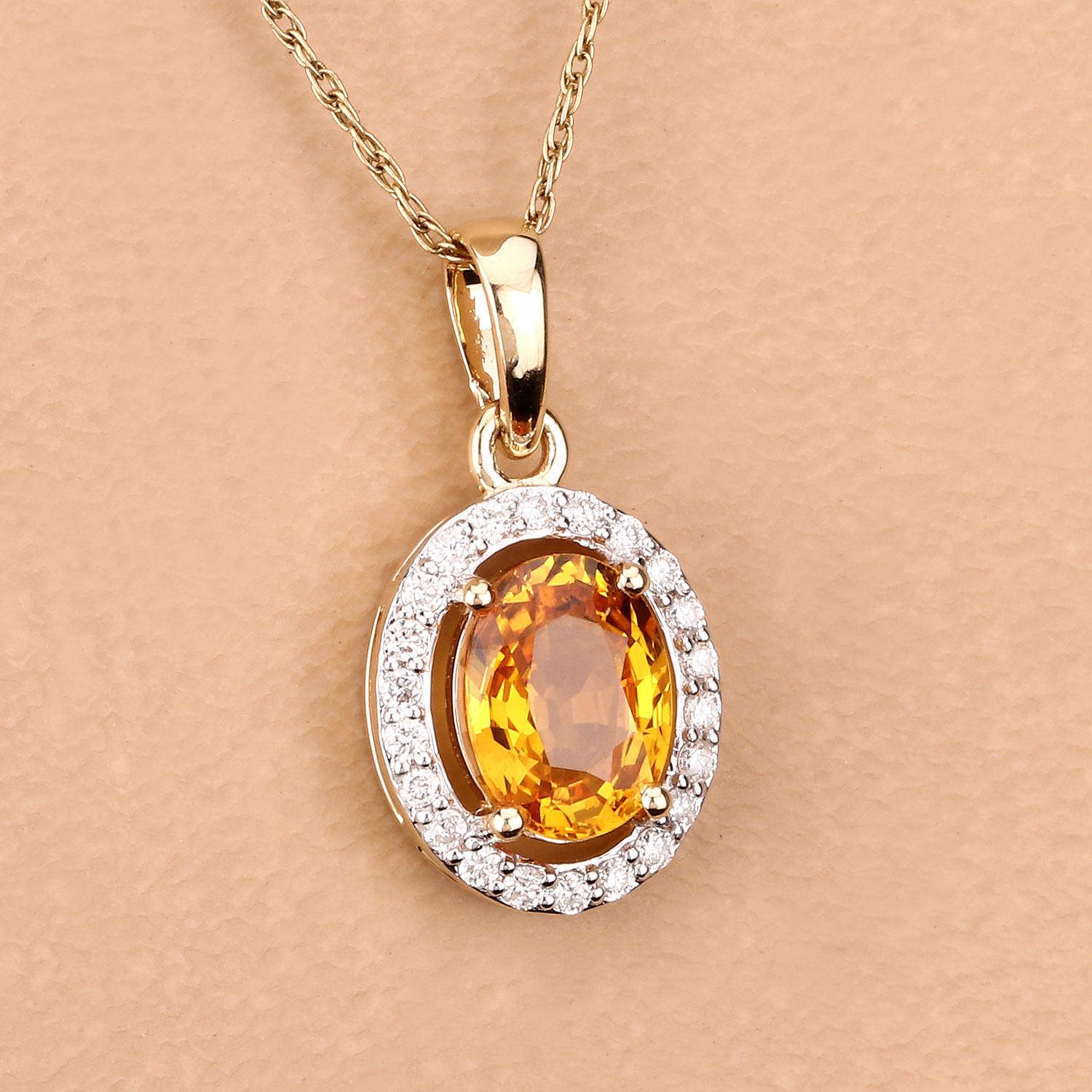 Women's or Men's Natural Yellow Sapphire and Diamond Halo Pendant 14k Yellow Gold For Sale