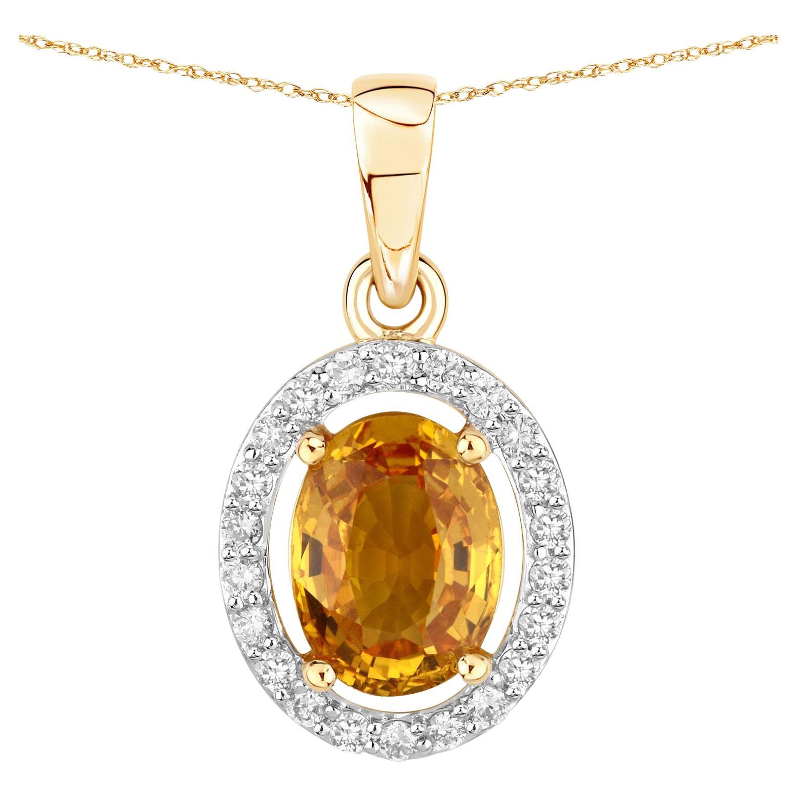 Natural Yellow Sapphire and Diamond Halo Pendant 14k Yellow Gold For Sale