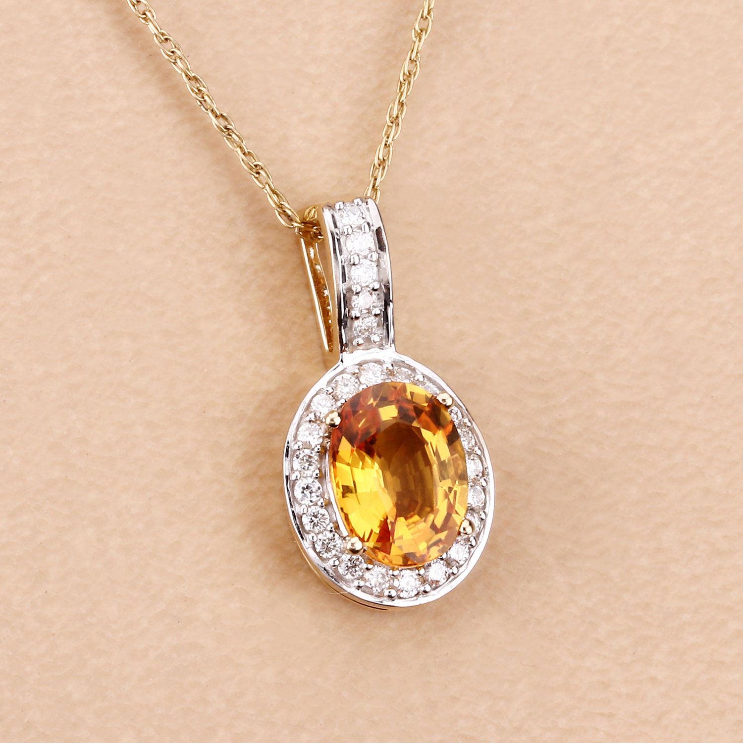 Oval Cut Natural Yellow Sapphire and Diamond Halo Pendant 1.80 Carats 14k Yellow Gold For Sale