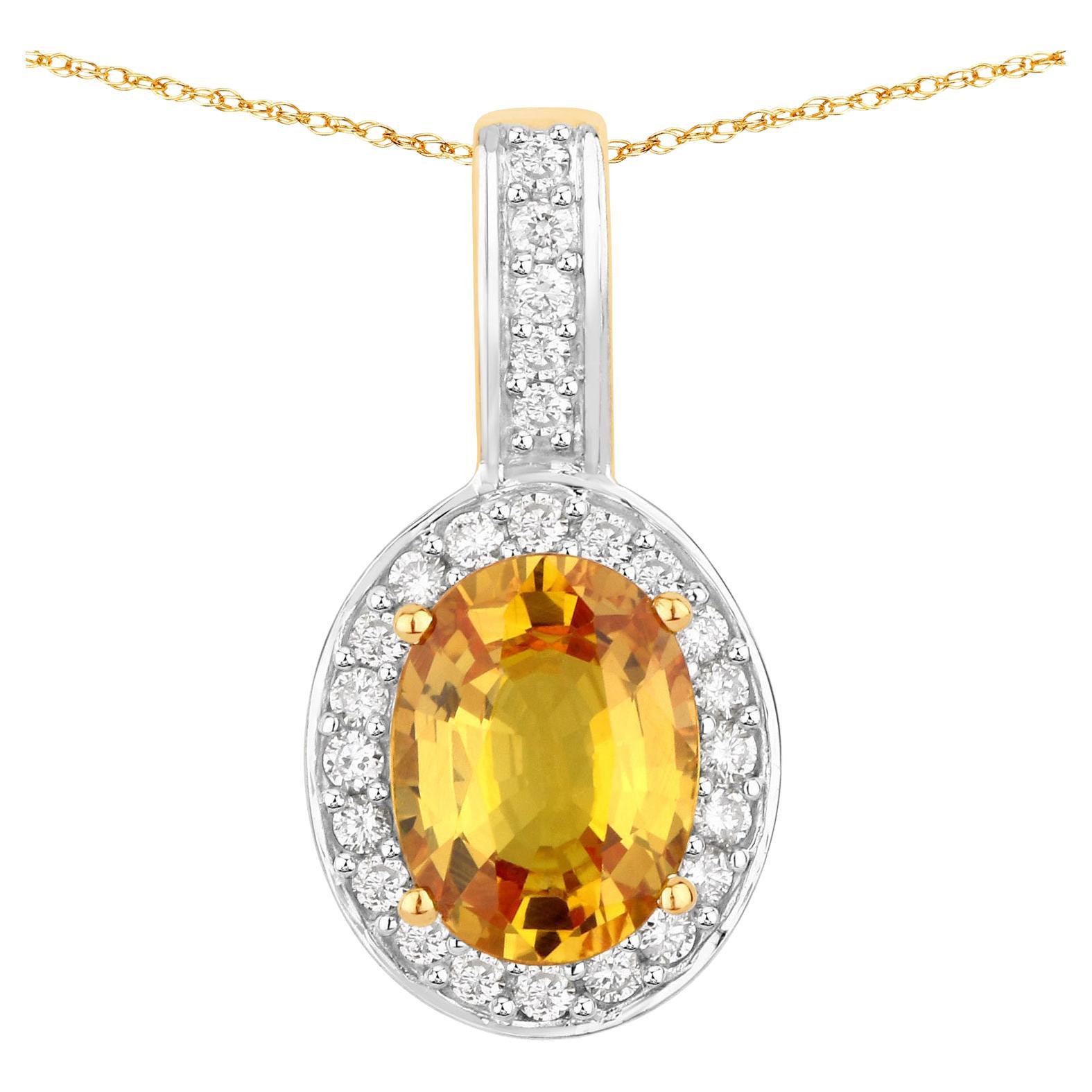 Natural Yellow Sapphire and Diamond Halo Pendant 1.80 Carats 14k Yellow Gold For Sale