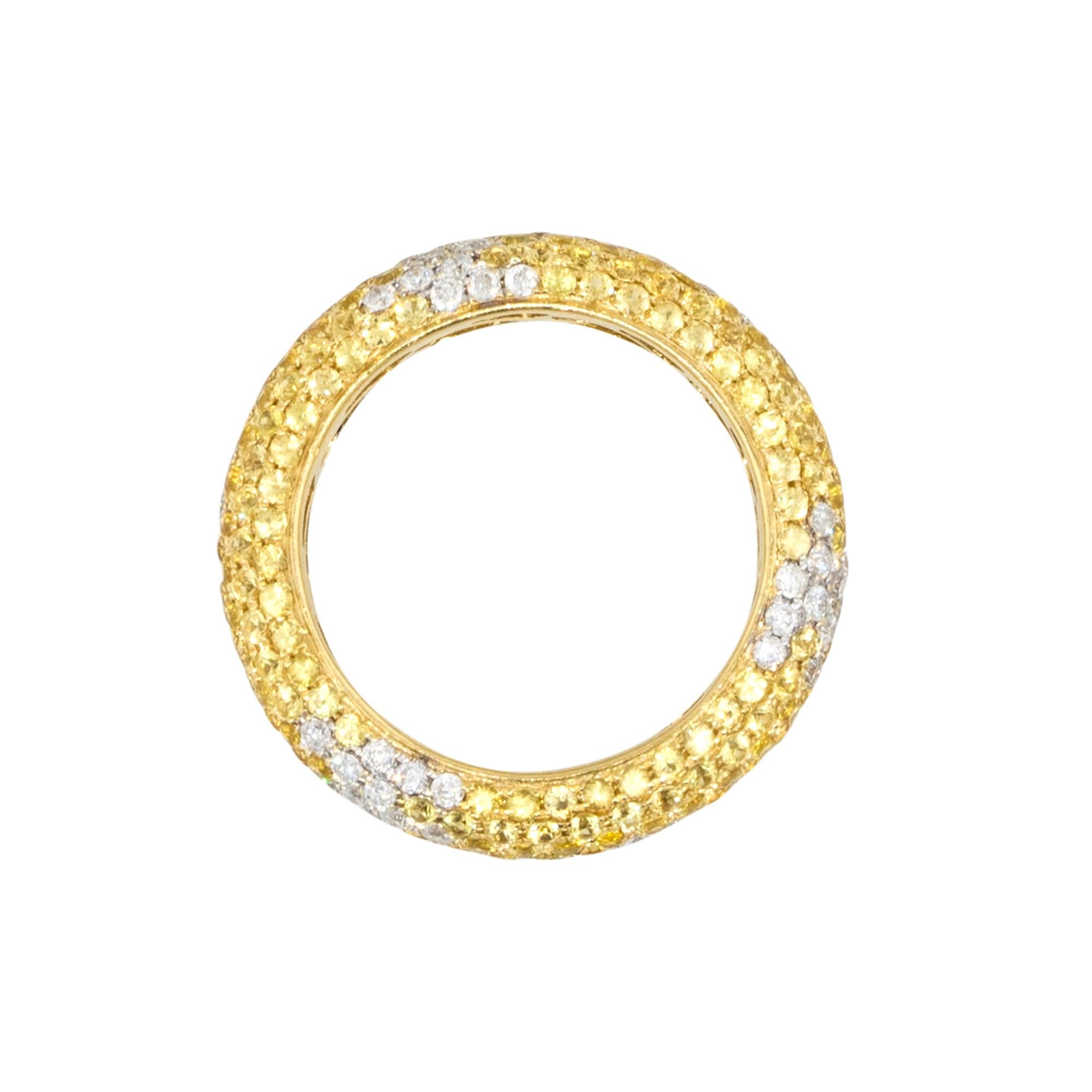 Modern Natural Yellow Sapphire and Diamond Pave 18 Karat Eternity Band In Stock For Sale