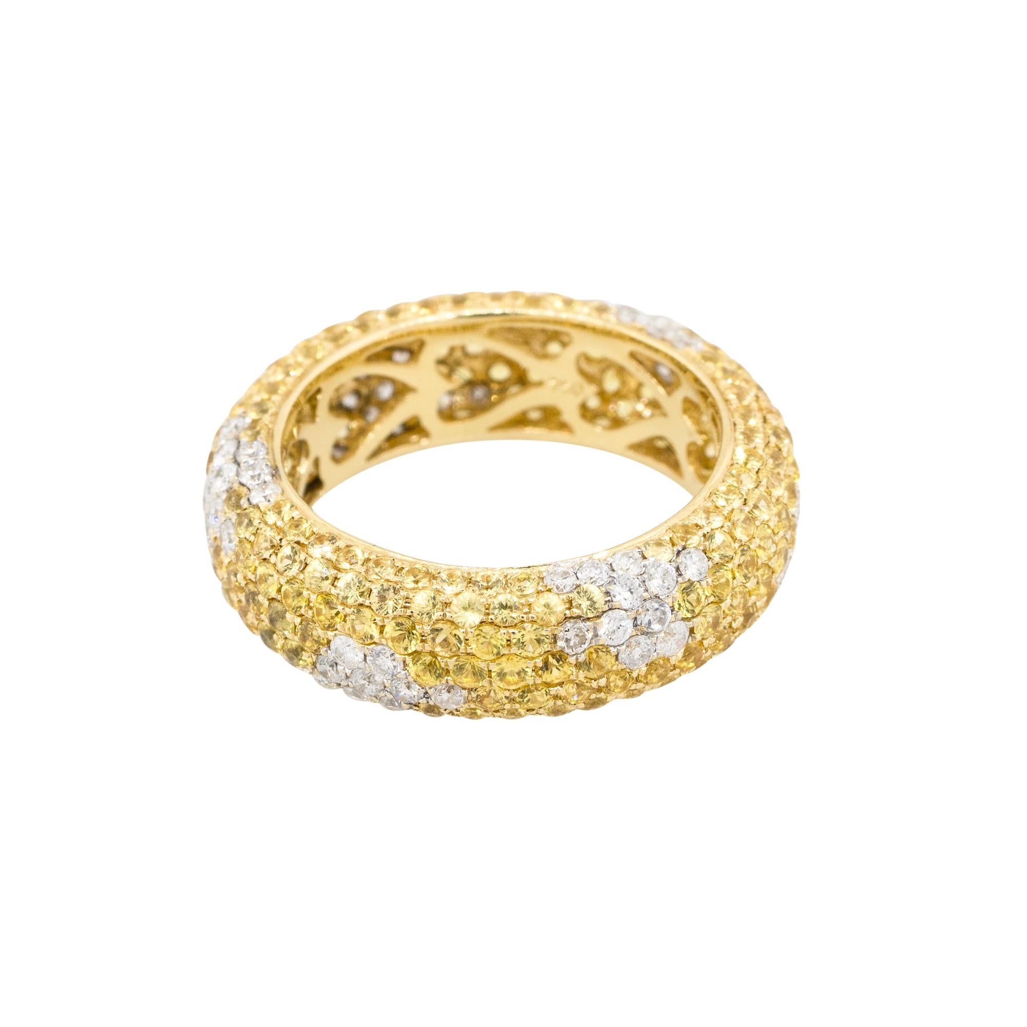 Round Cut Natural Yellow Sapphire and Diamond Pave 18 Karat Eternity Band In Stock For Sale