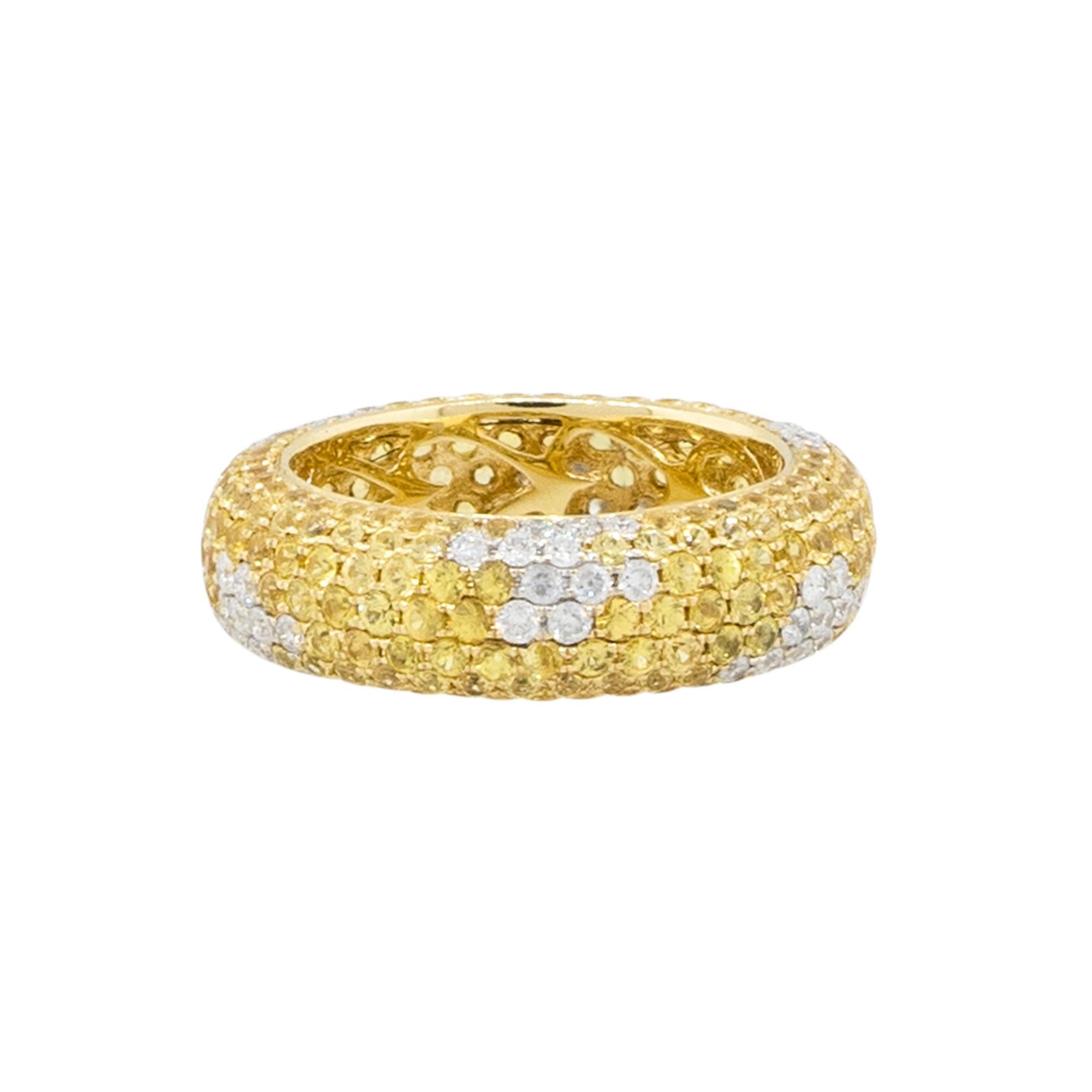 Natural Yellow Sapphire and Diamond Pave 18 Karat Eternity Band In Stock In Excellent Condition For Sale In Boca Raton, FL