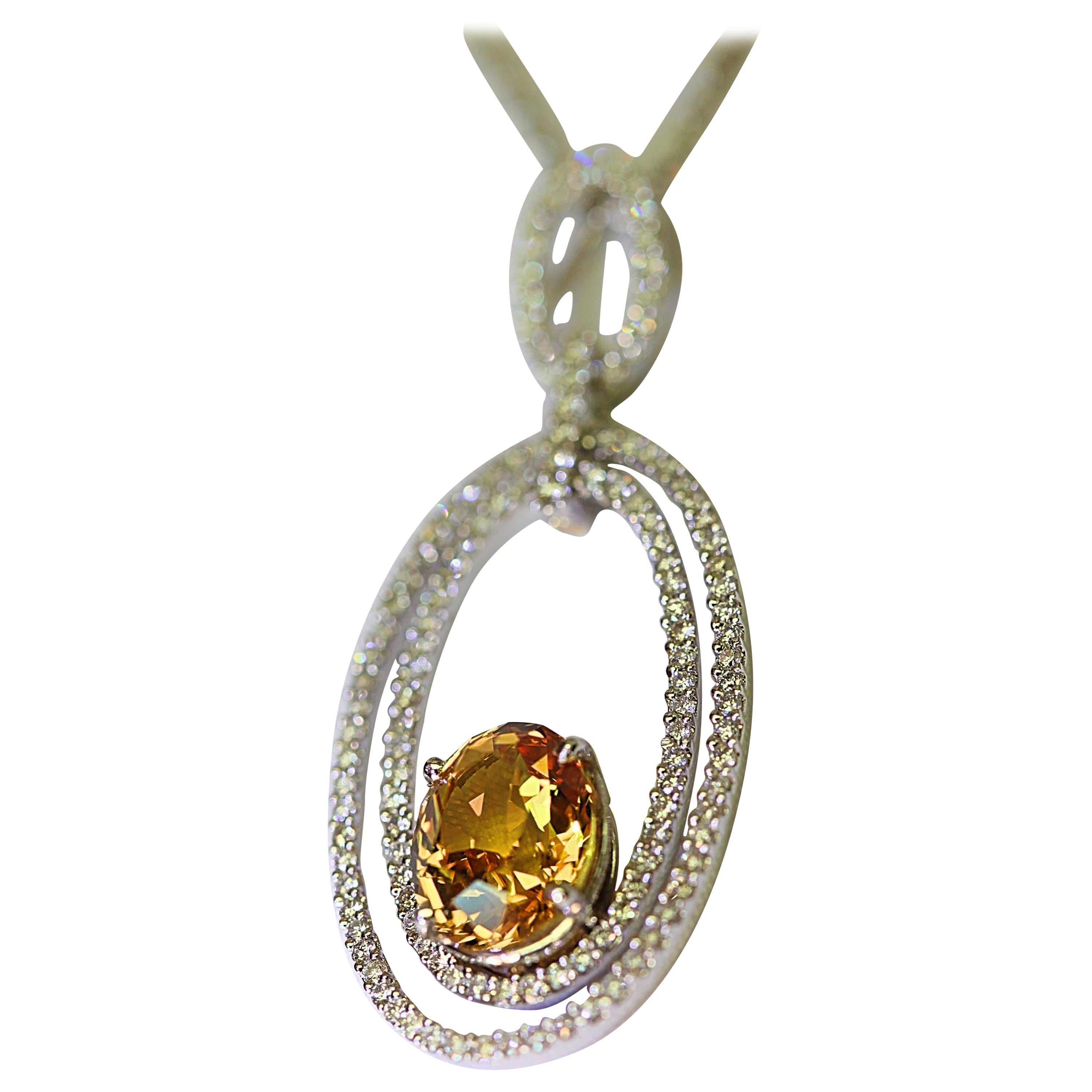 Natural Yellow Sapphire and Diamond Pendant 4.05 Oval Yellow Sapphire 18 Karat For Sale