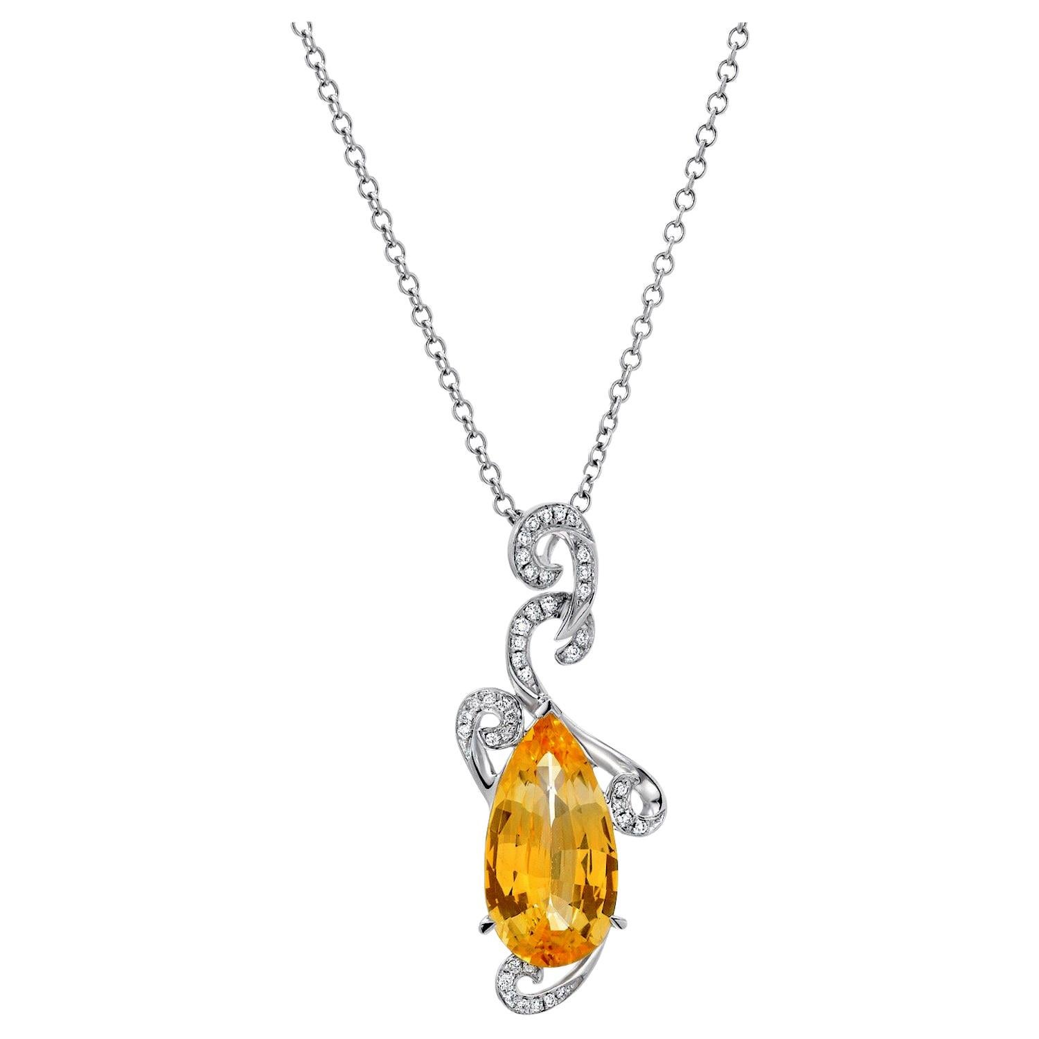 Natural, unheated 5.13 carat Ceylon Yellow Sapphire pear shape, and 0.21 carats total round brilliant diamonds, set in this modern 18K white gold diamond necklace. Chain length is 17 inches but it can be adjusted, complementary, upon request. 
GRS
