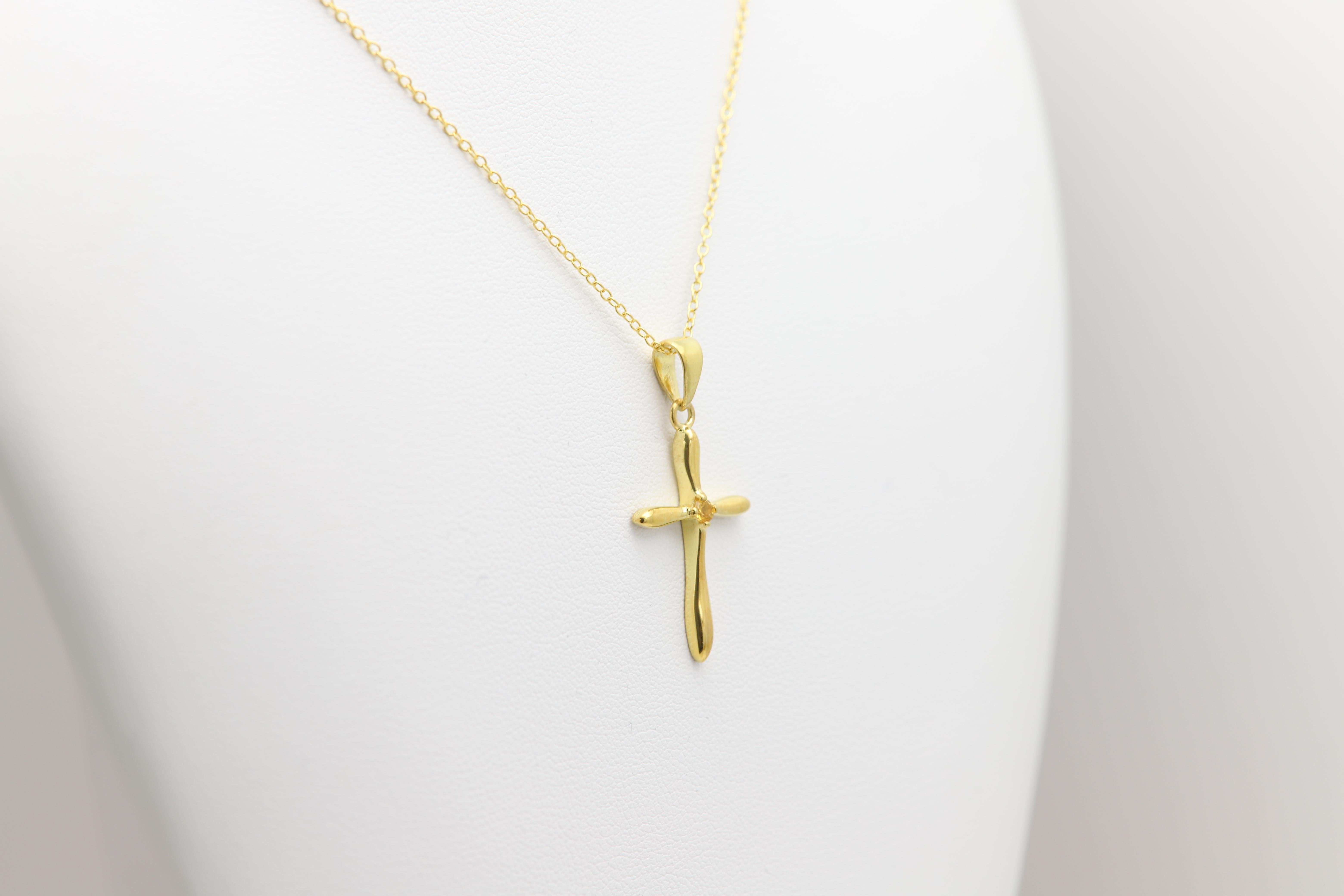 Natural Yellow Sapphire Cross Pendant Sterling Silver Cross in vendita 3