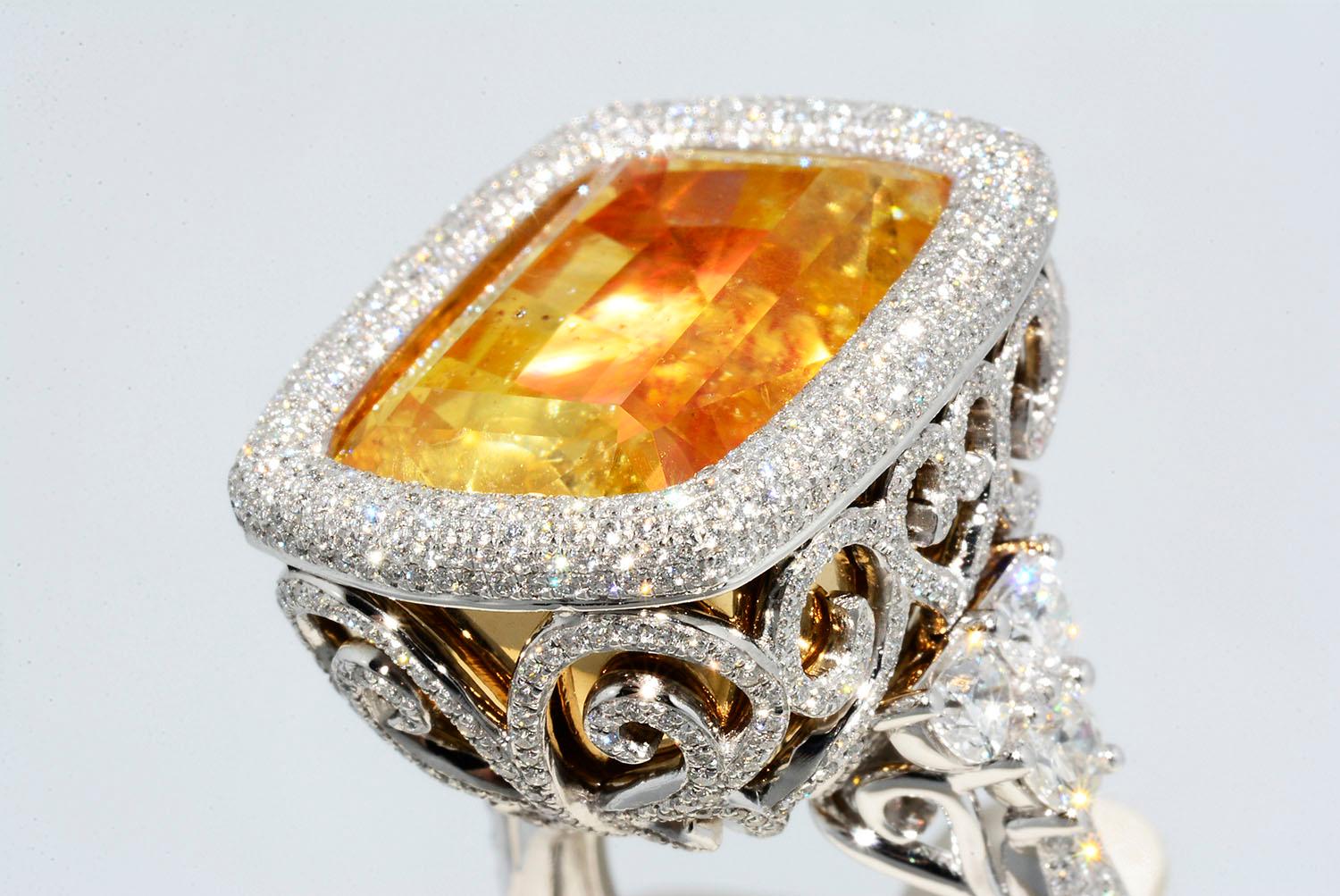 Women's Natural Yellow No Heat Sapphire and Diamond Ring Platinum and 18k Yellow Gold For Sale