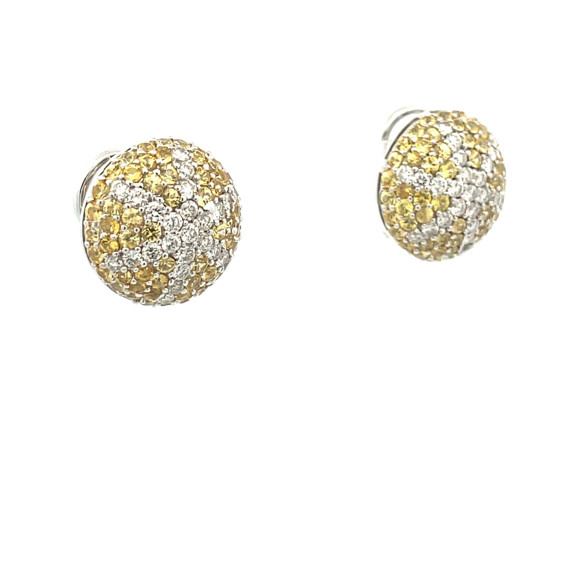 Round Cut Natural Yellow Sapphire & Diamond, Starfish Puff Earrings in 18 Kt White Gold  For Sale