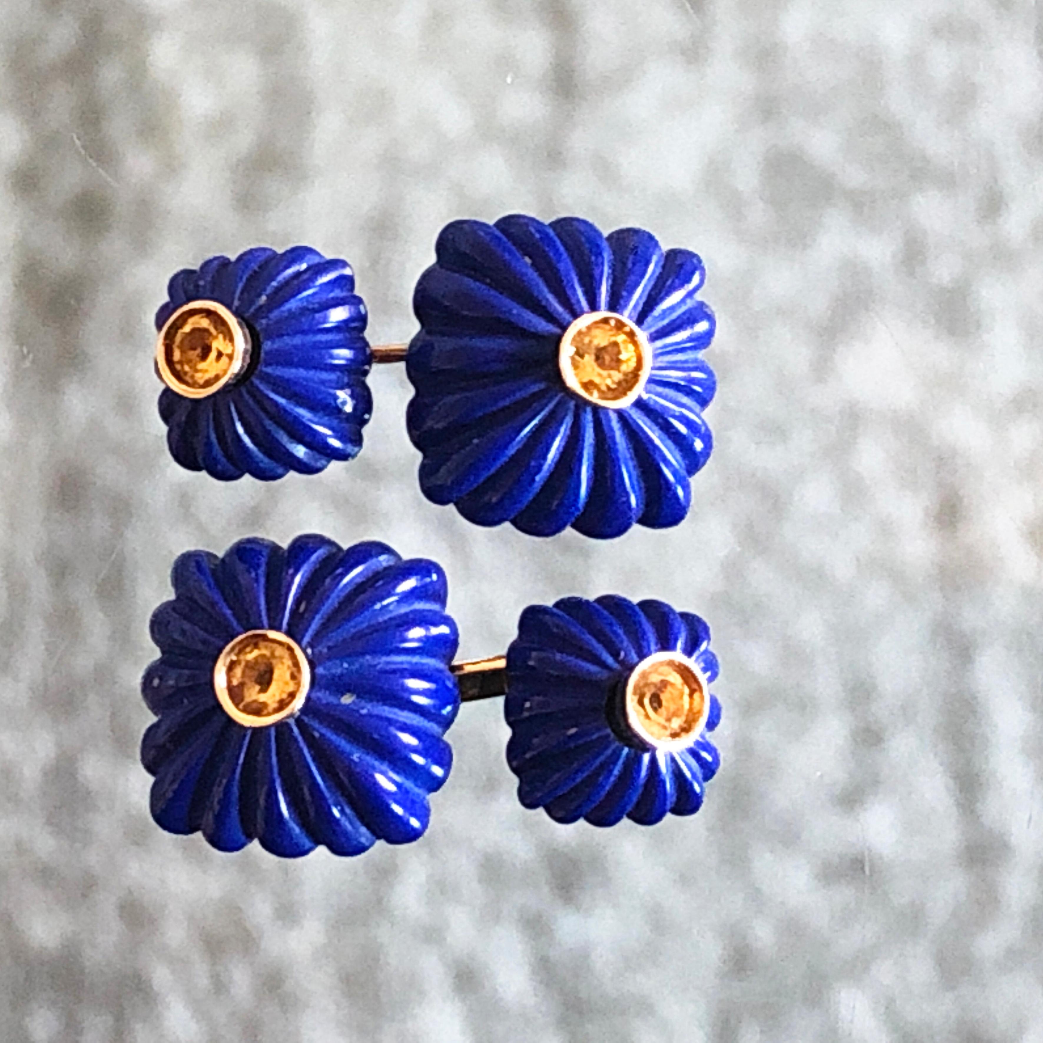 Awesome, One-of-a-kind, Squared Shaped Hand Inlaid Hand Carved Natural Afghan Deep Blue Lapis Lazuli Cufflinks featuring four natural 0.51 Carat Brilliant Cut Yellow Sapphire in a 9k Yellow Gold setting.
In a smart fitted black Box and Pouch.
We