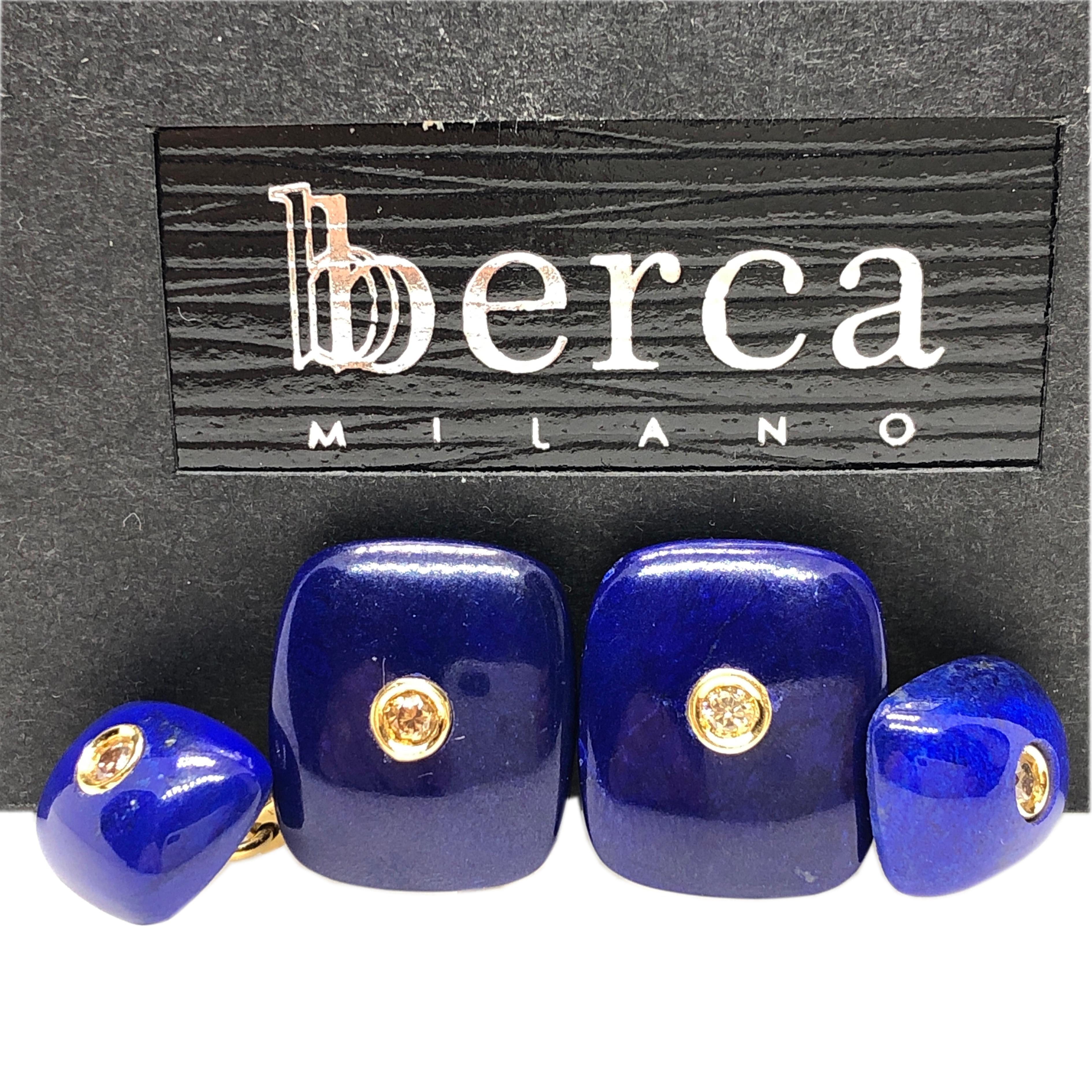 Absolutely Chic, Classy yet Timeless Rectangular Shaped Hand Inlaid Natural Afghan Deep Blue Lapis Lazuli Cufflinks featuring four natural 0.39 Carat Brilliant Cut Yellow Sapphire in a 18k Yellow Gold setting.

In our smart fitted black Box and