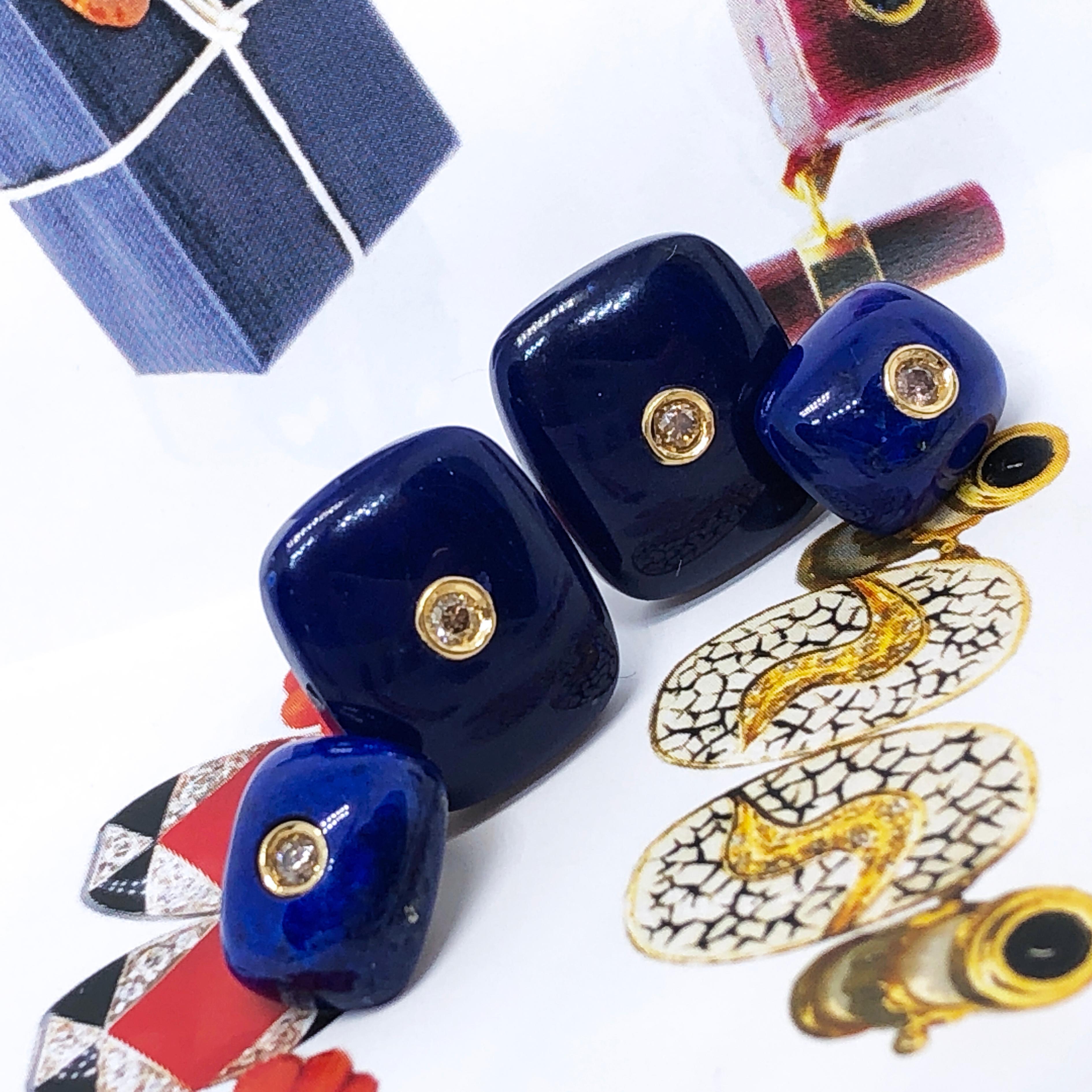 Berca Yellow Sapphire Hand Inlaid Deep Blue Lapis Lazuli Yellow Gold Cufflinks In New Condition For Sale In Valenza, IT