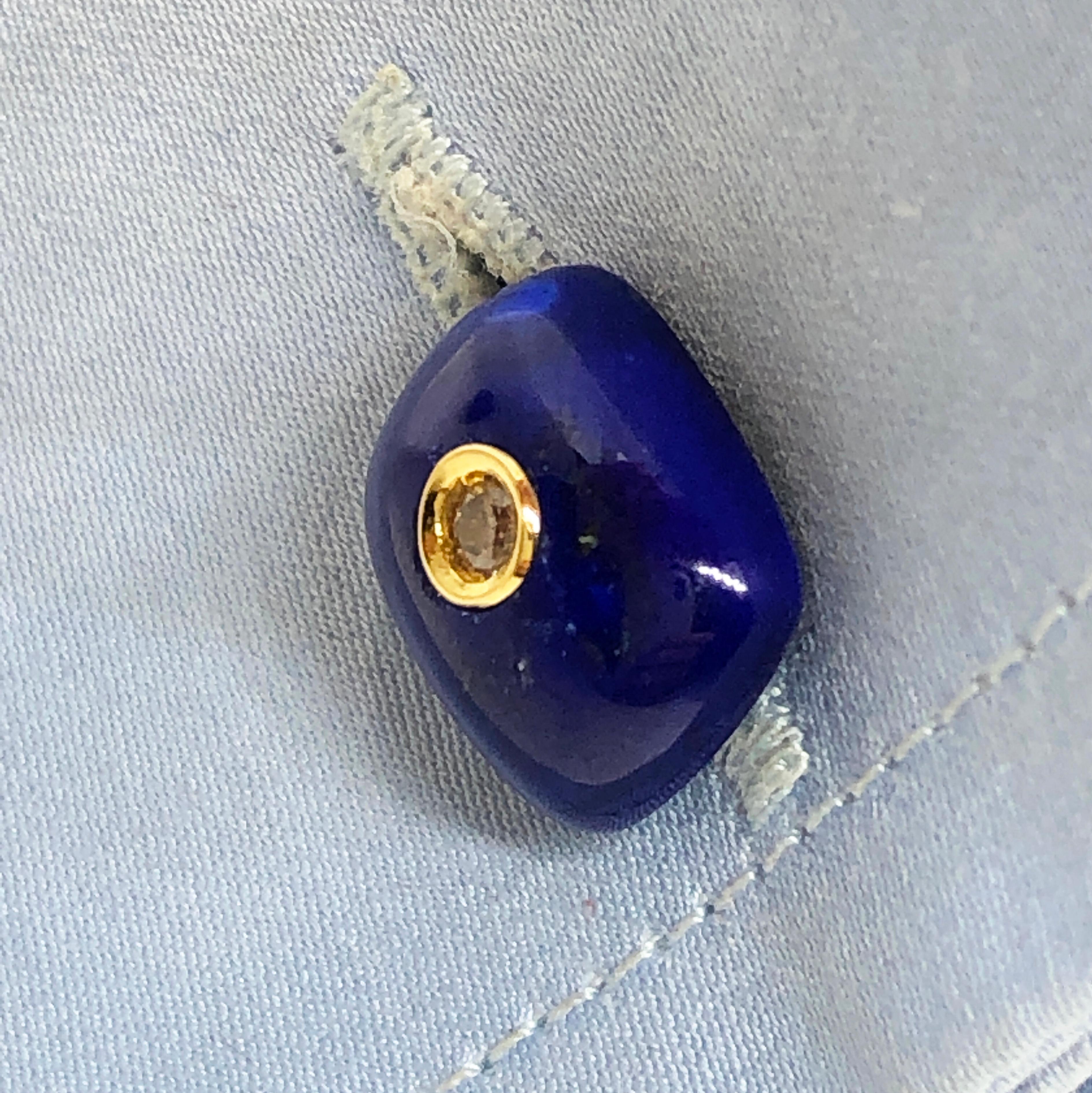 Men's Berca Yellow Sapphire Hand Inlaid Deep Blue Lapis Lazuli Yellow Gold Cufflinks For Sale