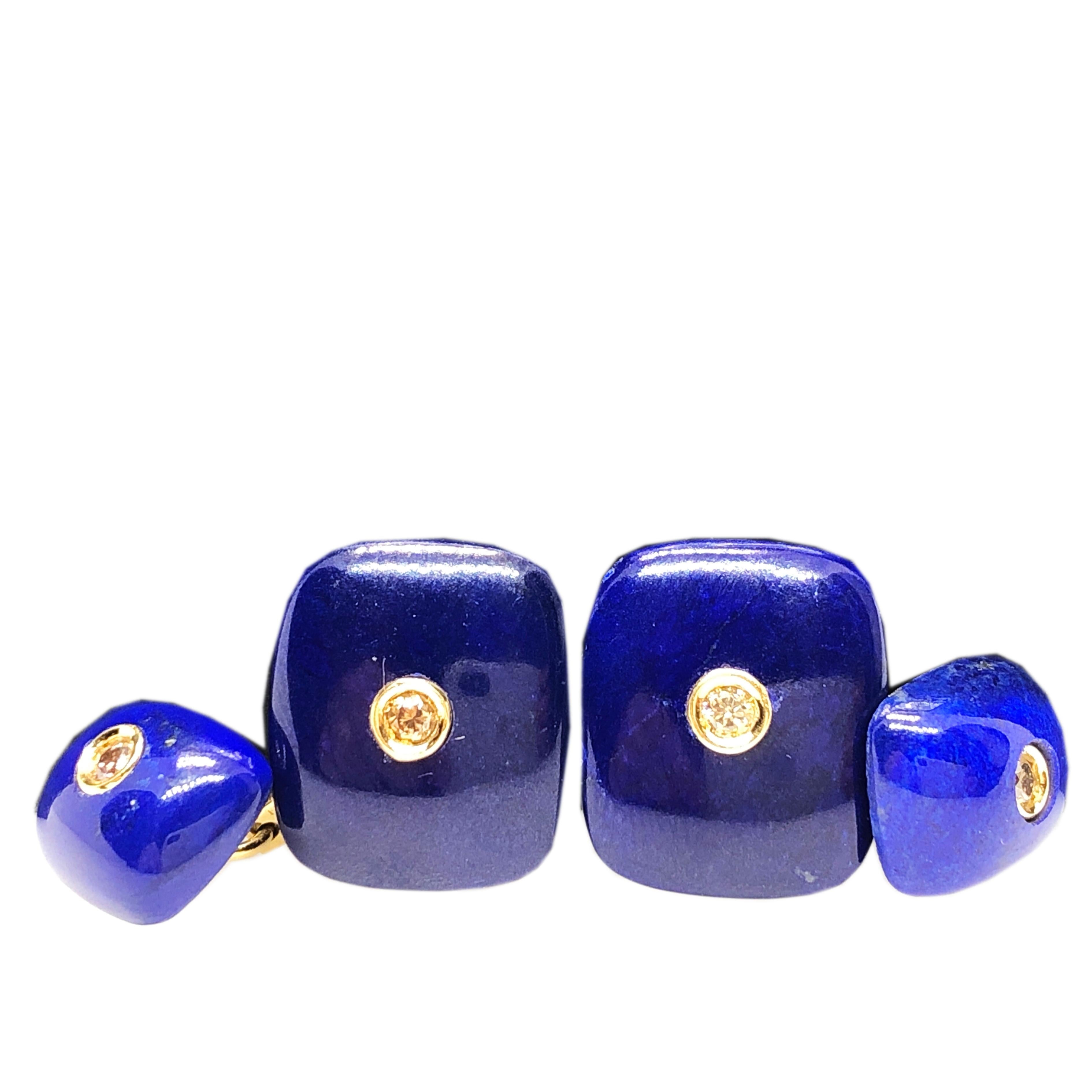 Berca Yellow Sapphire Hand Inlaid Deep Blue Lapis Lazuli Yellow Gold Cufflinks For Sale 2