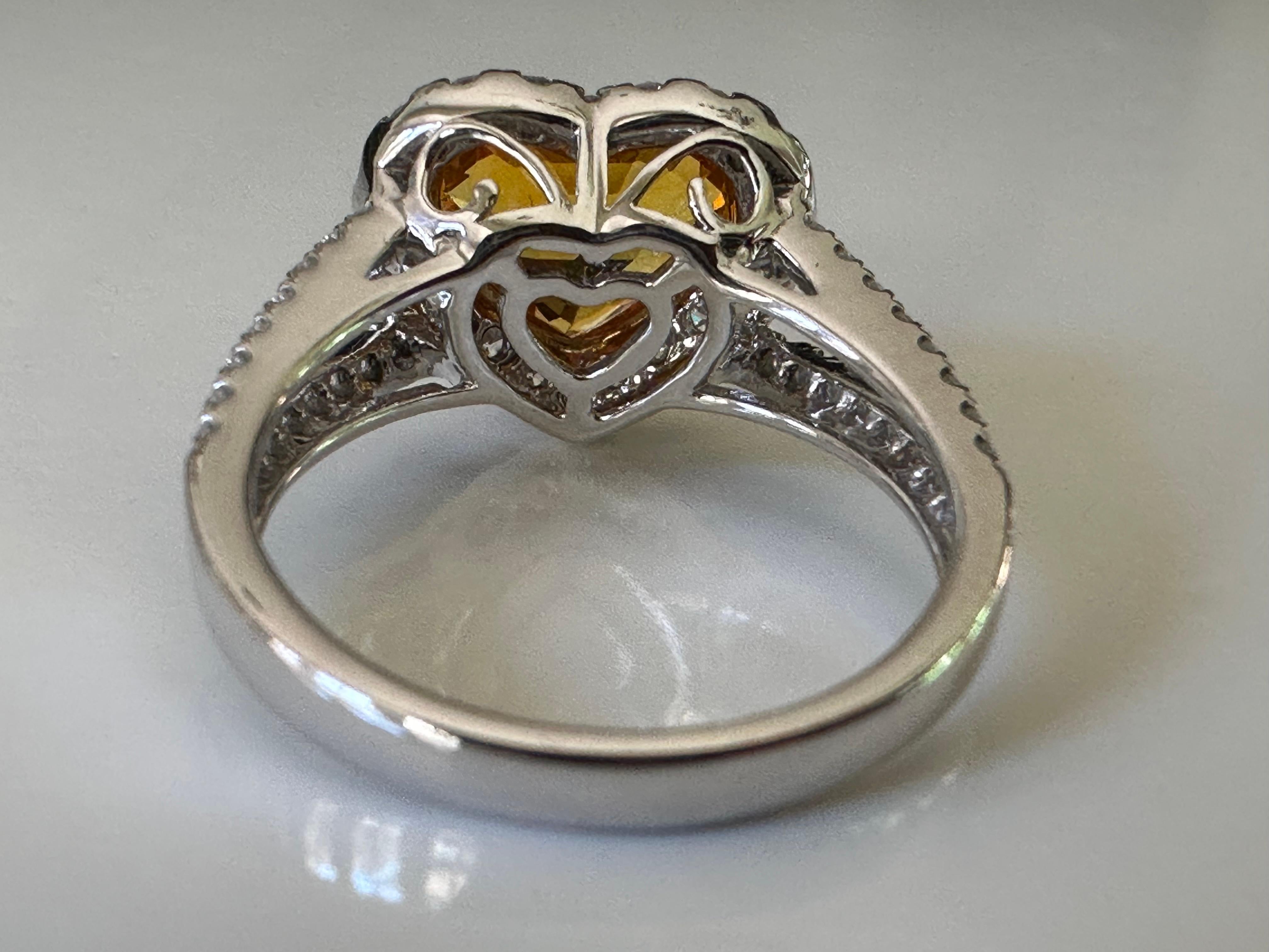 Heart Cut Natural Yellow Sri Lankan Sapphire and Diamond Heart Ring  For Sale