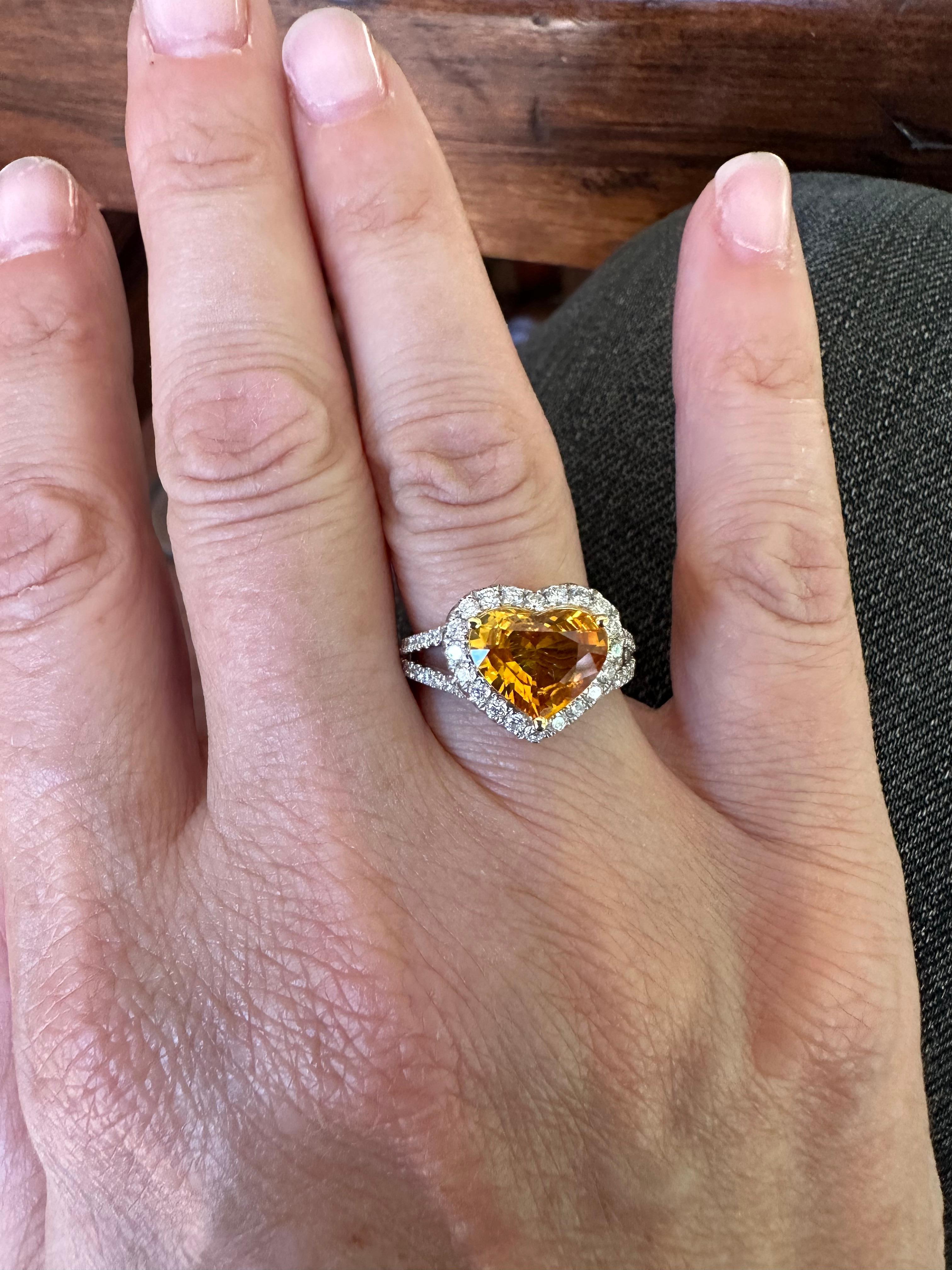 Women's Natural Yellow Sri Lankan Sapphire and Diamond Heart Ring  For Sale
