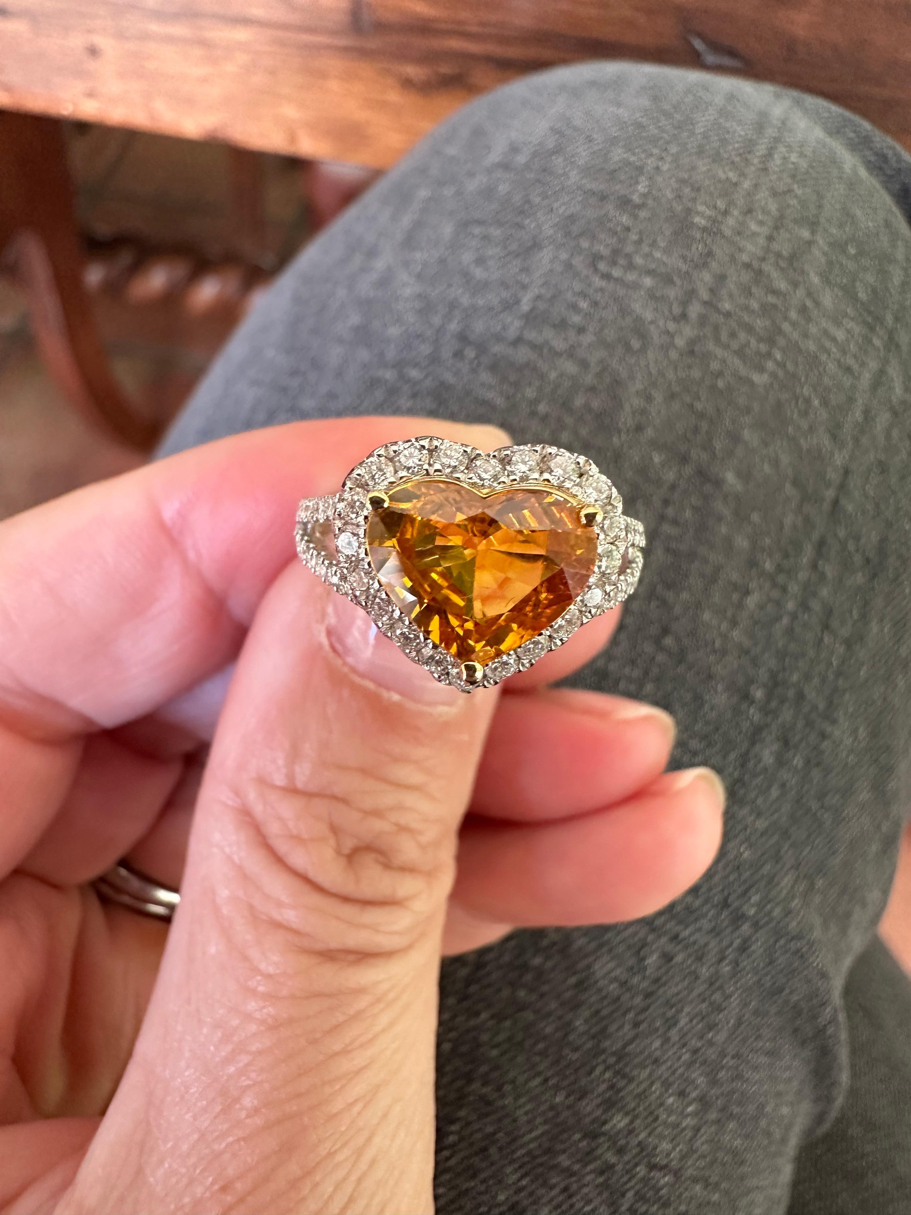 Natural Yellow Sri Lankan Sapphire and Diamond Heart Ring  For Sale 1