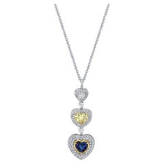 Natural Yellow &White Heart Shaped Diamonds & Unheated Blue Sapphire HS Necklace