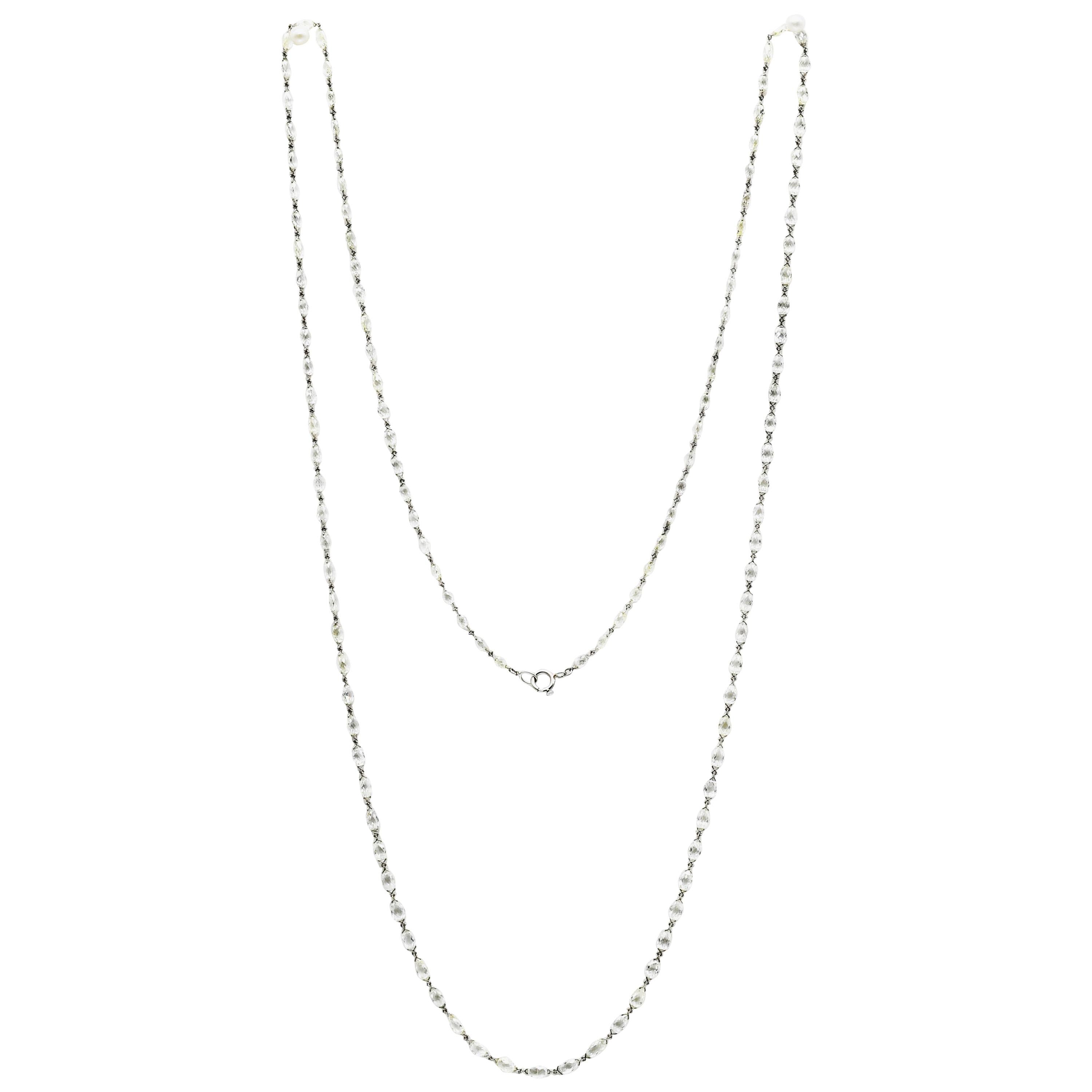 Natural Yellowish White Diamond Briolette Long Chain Necklace in Platinum For Sale