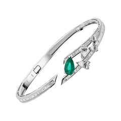 Natural Zambain Emerald Diamond Open Cuff Bracelet 18 Karat White Gold