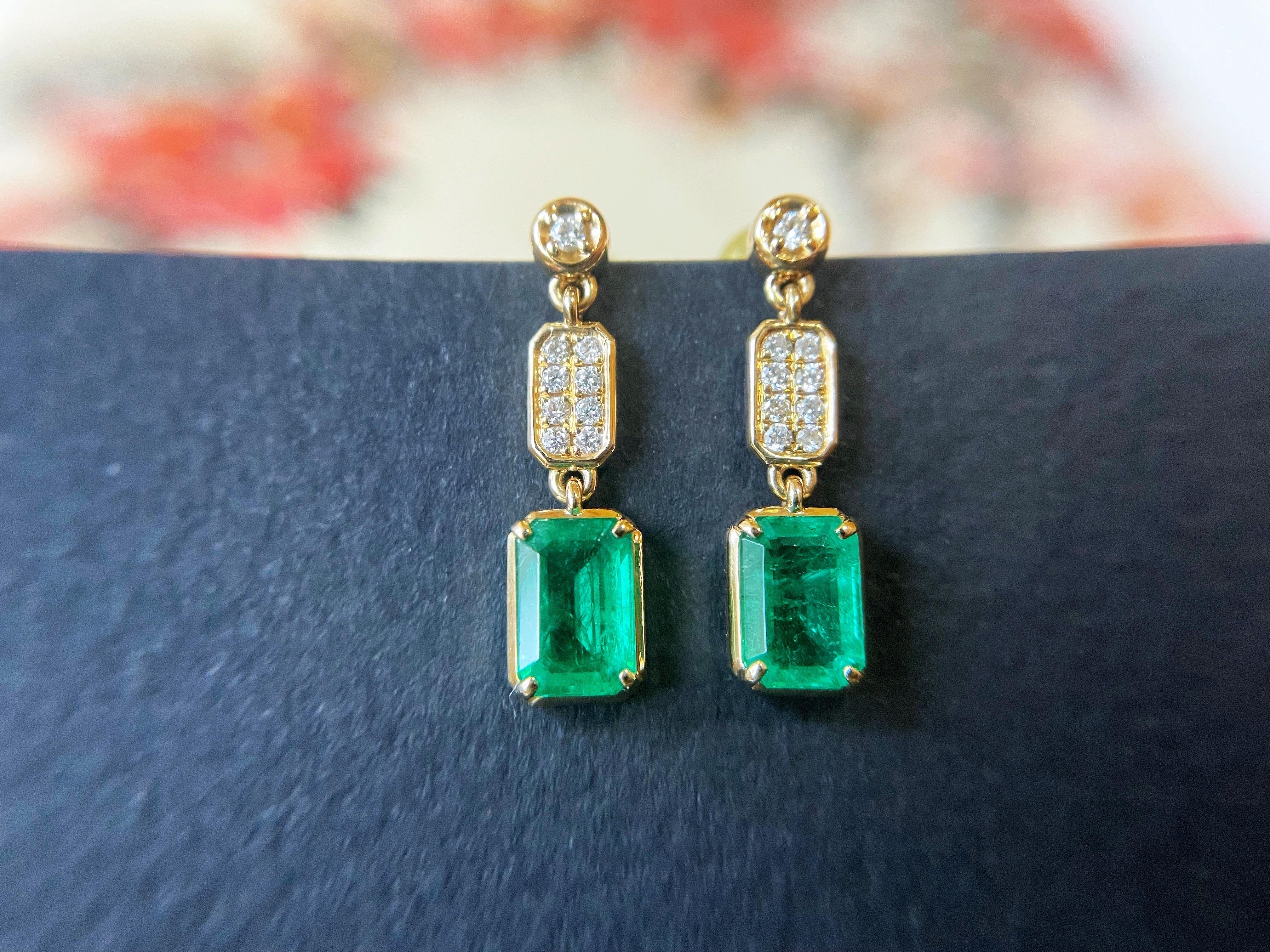 A pair of stunning natural vivid green emeralds ethically sourced from Zambia. The pair of earrings is hand-crafted and designed by us, and it is one-of-a-kind.  Timeless and classic style is an excellent addition to your jewellery collection, and
