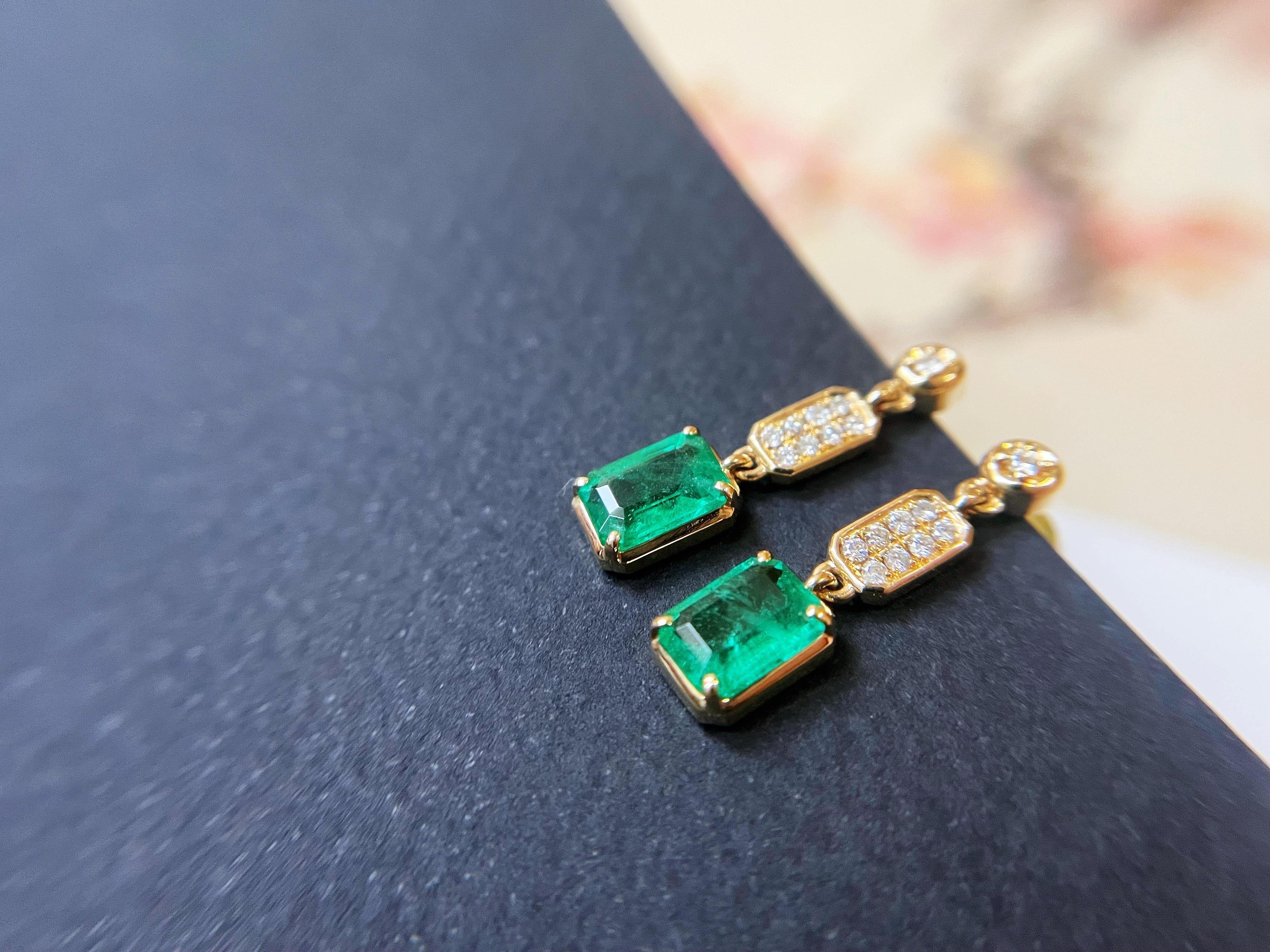 Emerald Cut Natural Zambia Emerald with Diamond 18k Yellow Gold Drop Earrings For Sale