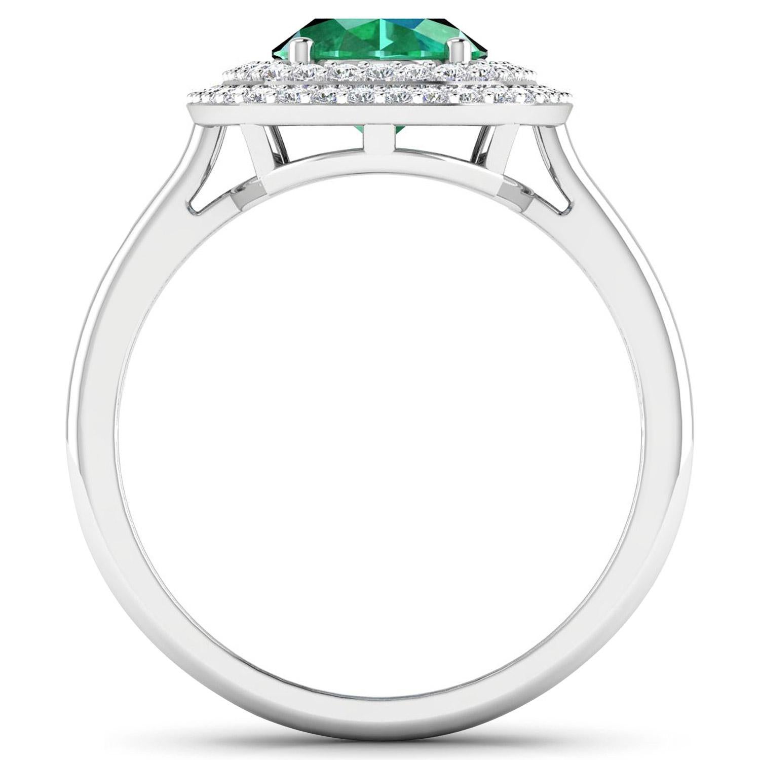 It comes with the appraisal by GIA GG/AJP
Emerald = 1.70 Carat
Stone Size: 9 x 7 mm
Cut: Oval
Diamonds = 0.35 Carats
Stone Quantity: 62
Metal: 14K White Gold
Height: 6.5 mm
Width: 12 mm
Length: 13 mm
Ring Size: 8* US
*It can be resized complimentary