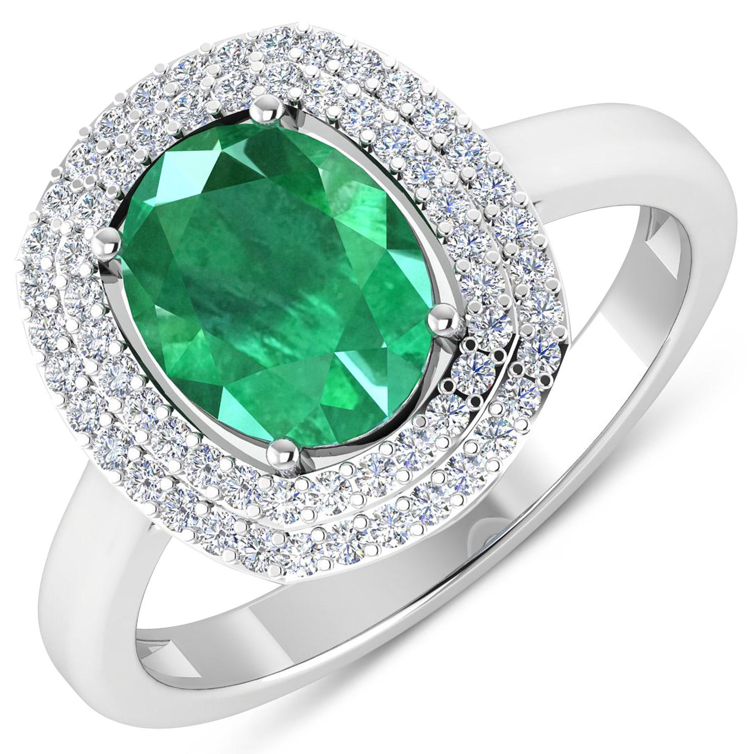 Contemporary Natural Zambian 1.70 Carat Emerald & Diamond Double Halo Ring 14k White Gold For Sale