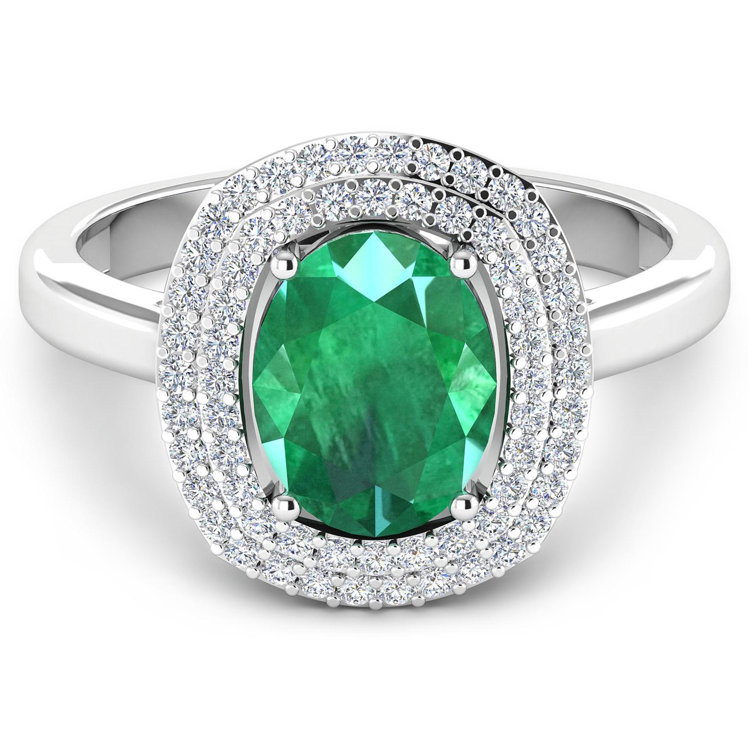 Natural Zambian 1.70 Carat Emerald & Diamond Double Halo Ring 14k White Gold In Excellent Condition For Sale In Laguna Niguel, CA