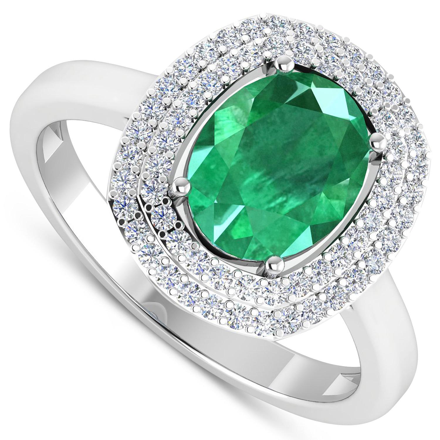 Women's Natural Zambian 1.70 Carat Emerald & Diamond Double Halo Ring 14k White Gold For Sale