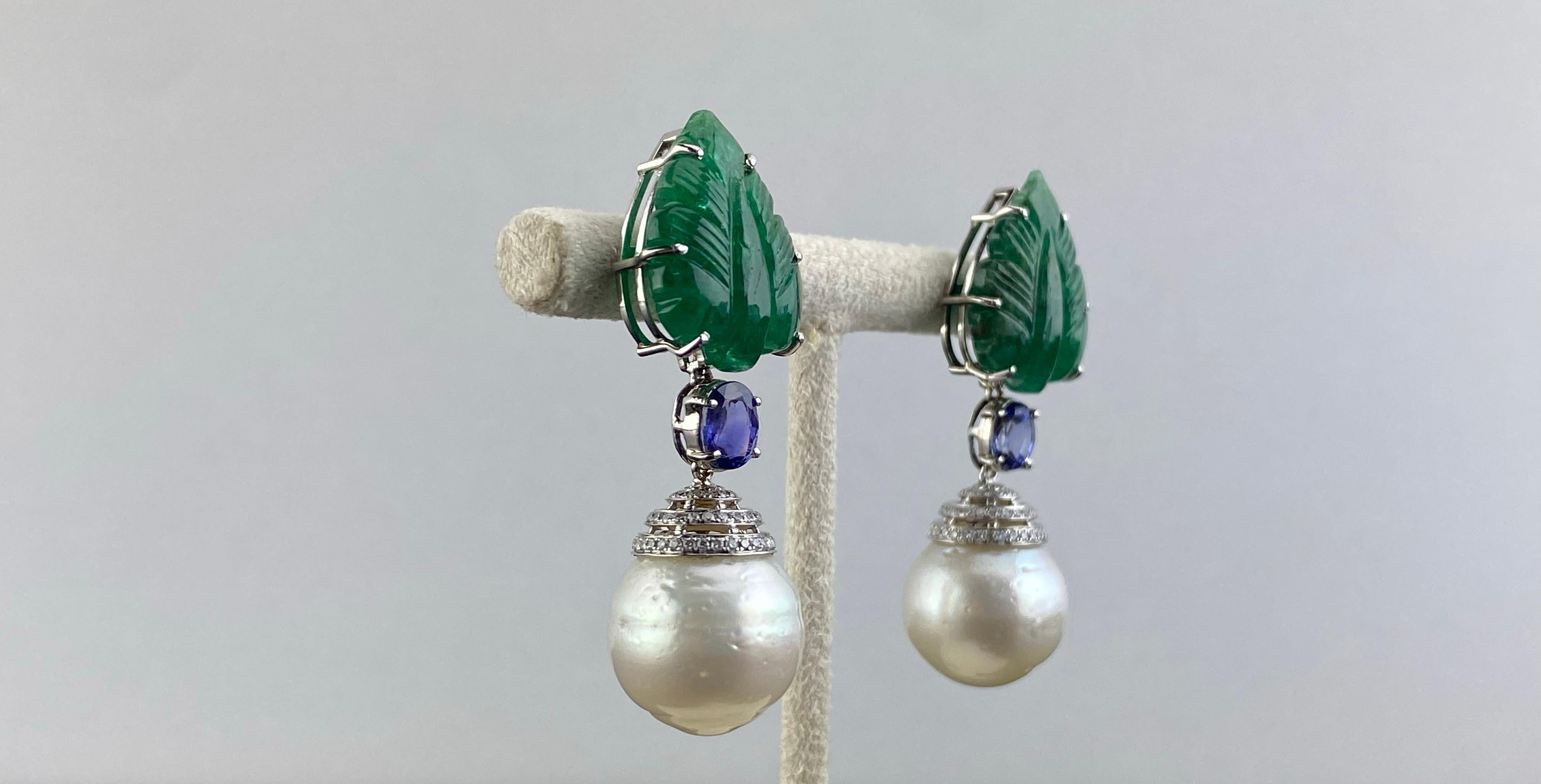 Art Deco Natural Zambian Carved Emerald and South Sea Pearl Earrings Set in 18K Gold For Sale