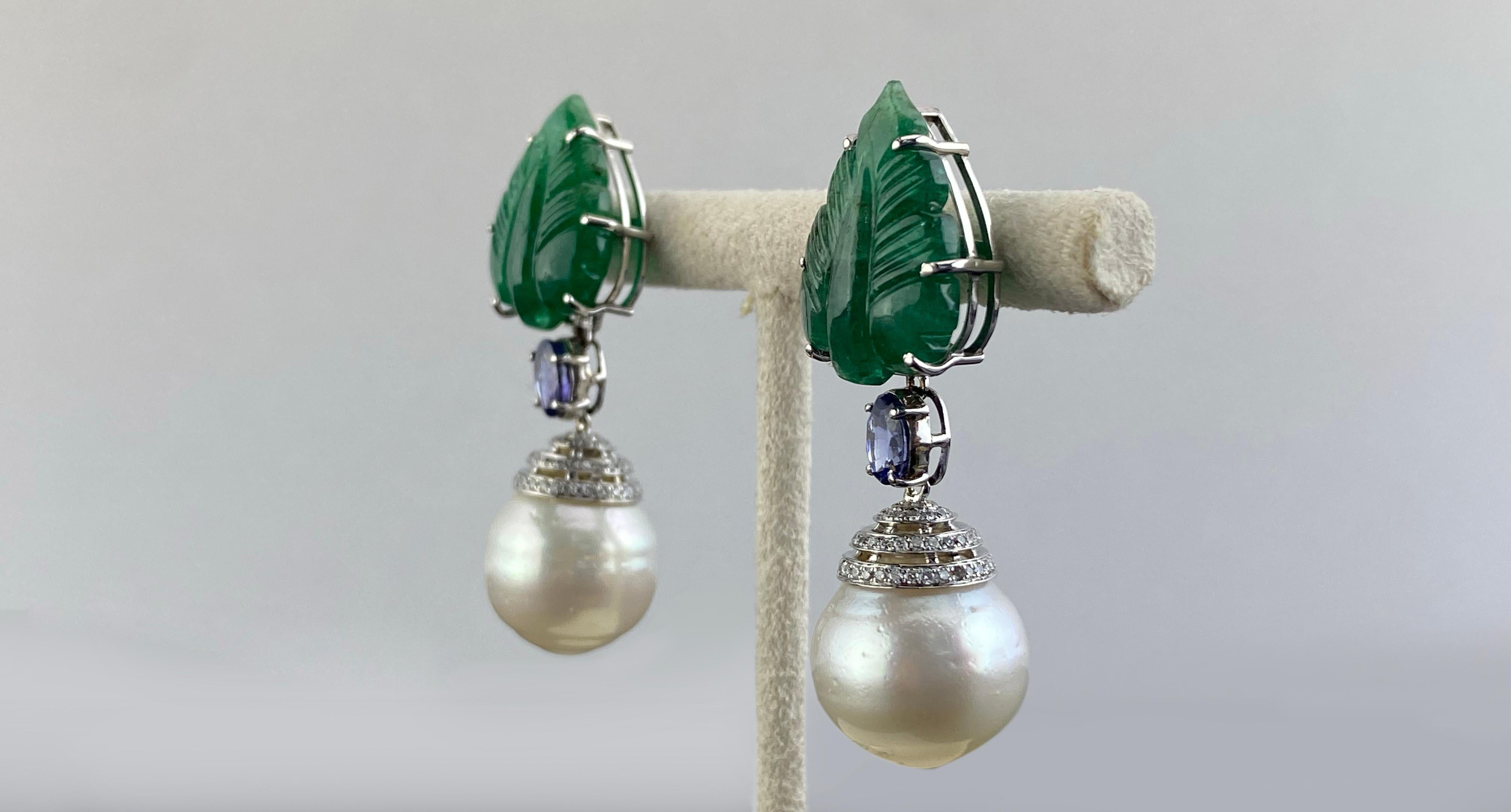Cabochon Natural Zambian Carved Emerald and South Sea Pearl Earrings Set in 18K Gold For Sale