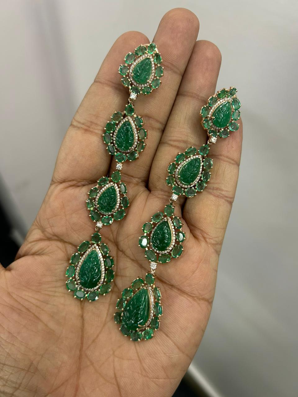 Natural Zambian Carving Emeralds with Rose Cut Emeralds and Diamonds Earring  In New Condition For Sale In San Carlos, CA