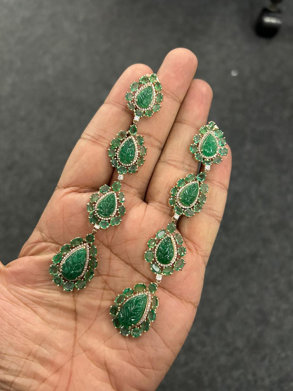 Women's or Men's Natural Zambian Carving Emeralds with Rose Cut Emeralds and Diamonds Earring  For Sale