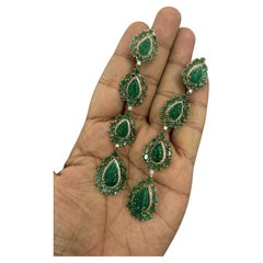 Natural Zambian Carving Emeralds with Rose Cut Emeralds and Diamonds Earring 