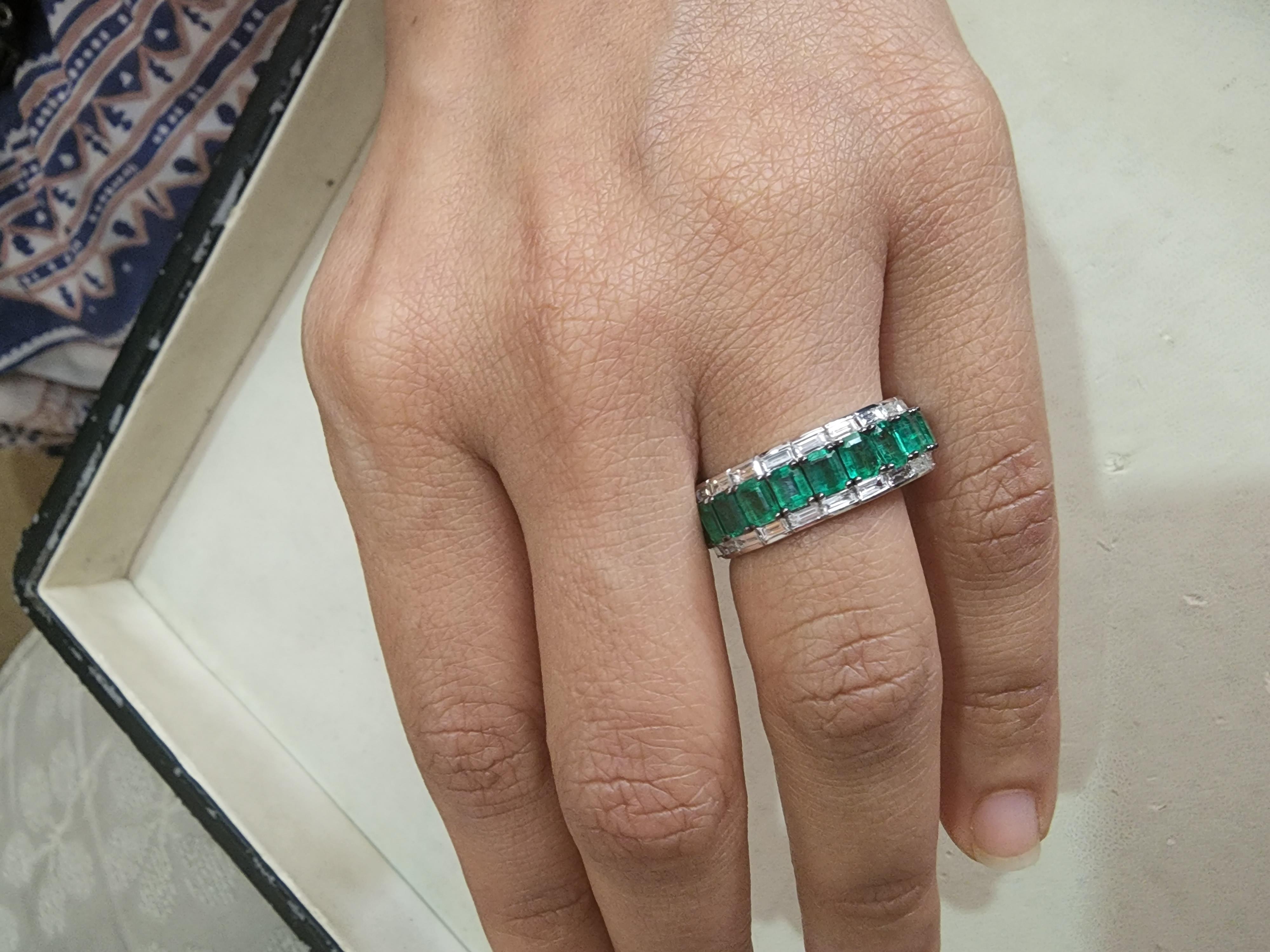 Emerald : 5.98 carats
Diamonds : 1.56 carats
Gold : 5.5 gms (18k)
This a a band which has emeralds and diamonds . It was a custom order size 9.5 for someone who decided not to take.
Its very hard to capture the true color and luster of the emerald ,